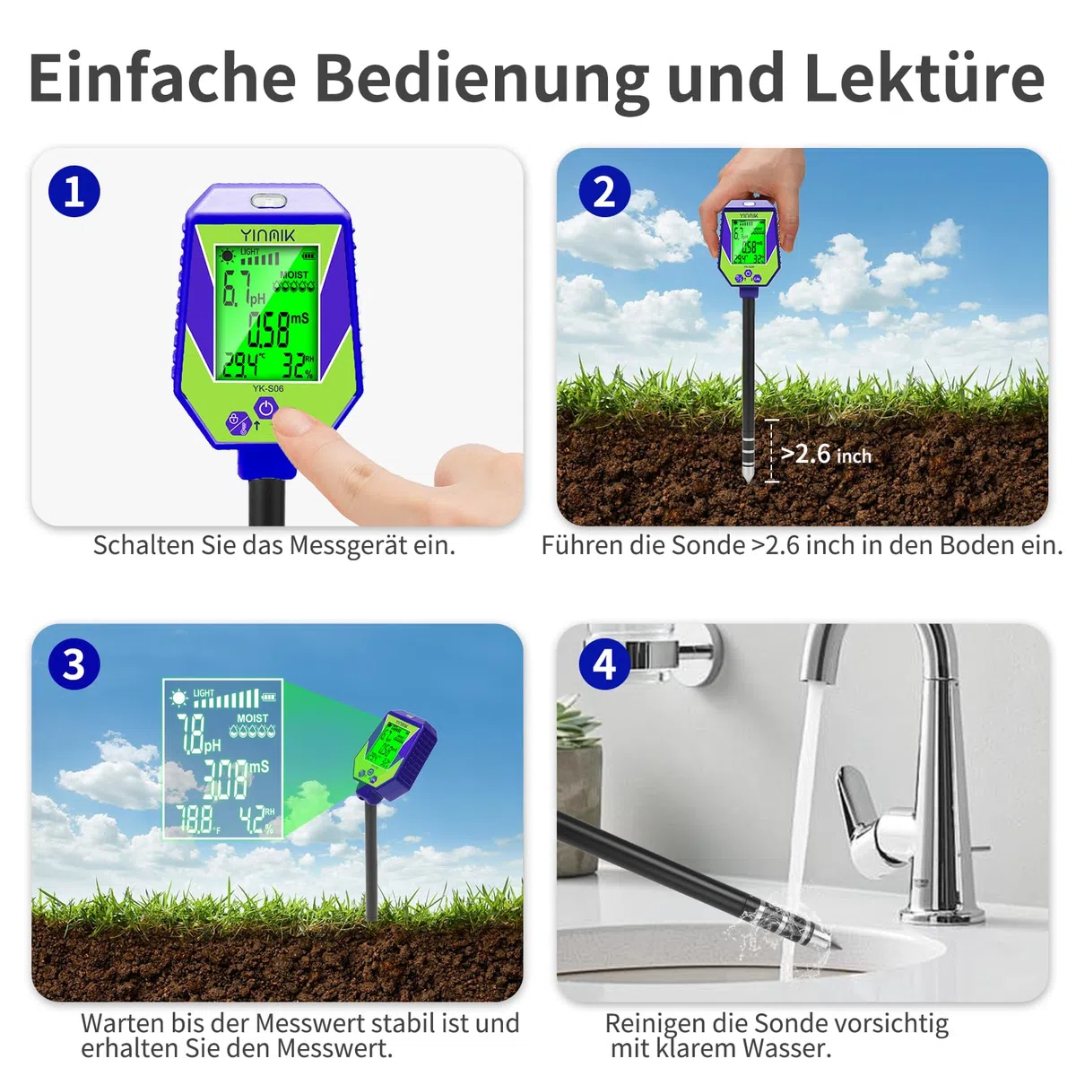 pH Leitfähigkeit Messgerät für Boden und Wasser, Pflanzen pH Feuchtigkeits Messgerät, Boden pH EC Messgerät, 6 in 1 Bodentestkits für pH/Feuchtigkeit/Leitfähigkeit/Licht/Luftfeuchtigkeit/Temperatur