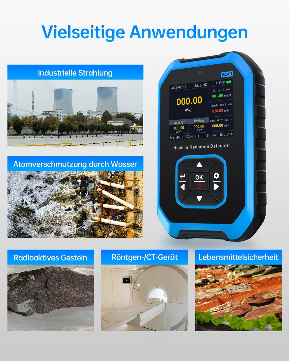 FNIRSI GC-01 Geigerzähler Nuklearstrahlungsdetektor - Nukleare Strahlungsdosimeter mit LCD-Anzeige, Beta Gamma Röntgen Wiederaufladbare Radioaktiver Monitor Tester, 5 Umschaltbare Dosierungseinheiten