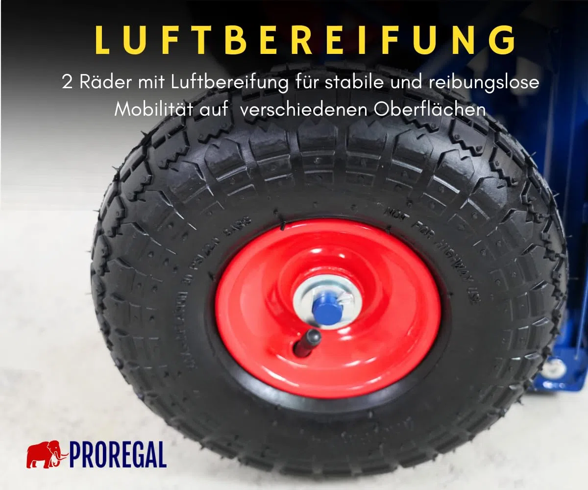 PROREGAL Sackkarre Odin | HxBxT 115x54,5x44,5cm | Tragkraft 200kg| Lufträder | Stahlrahmen | Blau | Transportkarre Staplerkarre klappbar