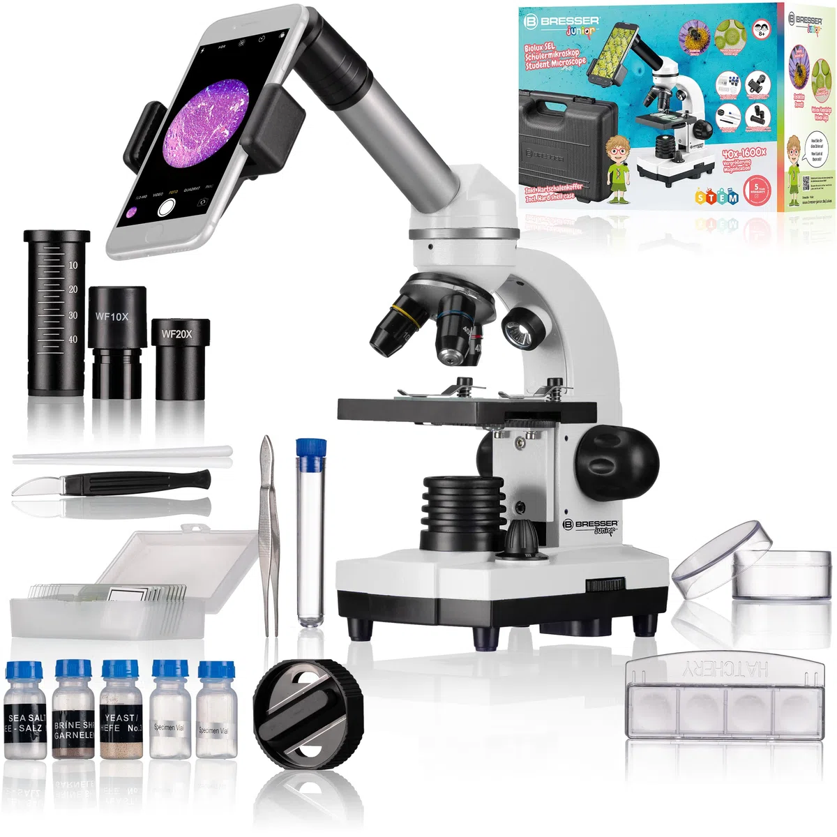 Bresser Biolux SEL Schülermikroskop Set mit Beleuchtung, Smartphoneadapter, Hartschalenkoffer, einem Experimentierset und viel Zubehör