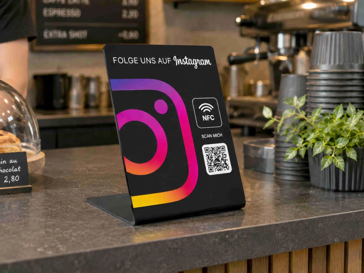 Instagram NFC Aufsteller, Acryl, 110 x 150 mm, fertig eingerichtet, mit NFC und QR-Code