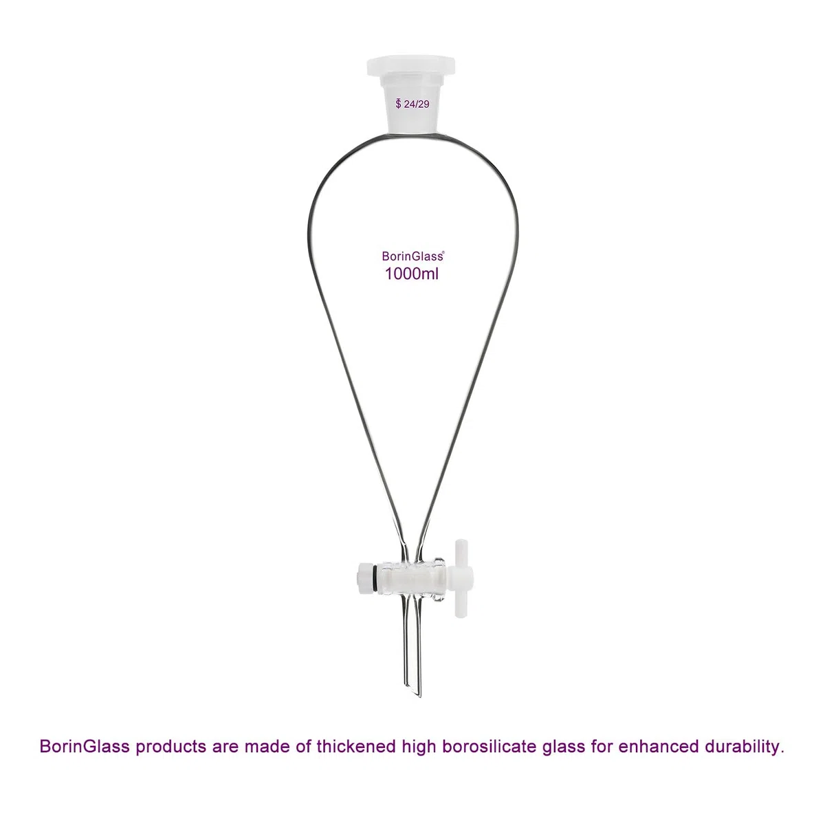BorinGlass Kegelförmiger Abtrenntrichter 1000 ml mit 24/29 Gelenken und PTFE-Hähne, Trenntrichter aus Borosilikatglas mit Dickwandigem Design