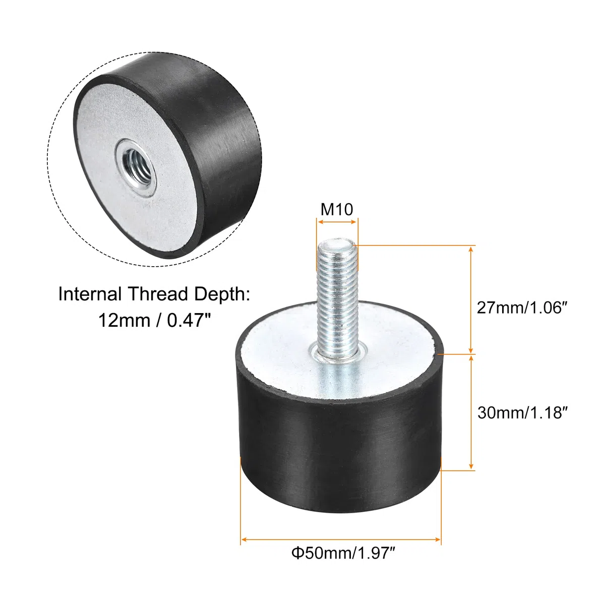 sourcing map 4Stk. Gummilager M10 Außen-/Innengewinde Schwingungsisolator Stoßdämpfer D50mmxH30mm