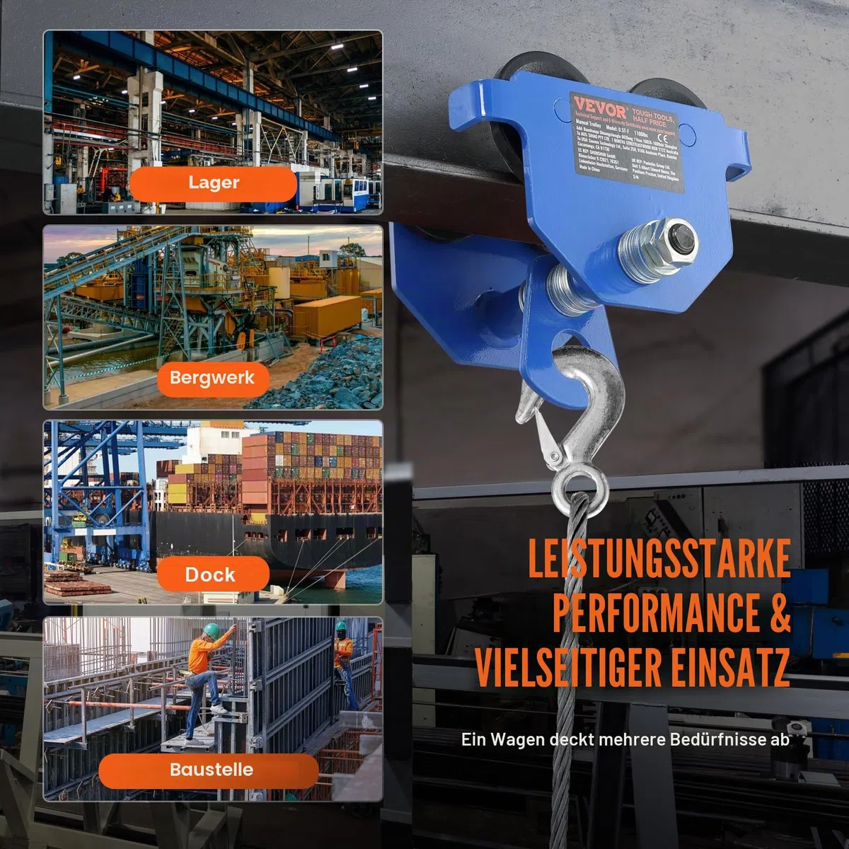 VEVOR Laufkatze 0,5 T Tragkraft Rollfahrwerk mit Doppelrädern, einstellbar für I-Trägerflanschbreite 63,5 bis 139,7 mm Hochleistungs-Garagenhebezeug aus legiertem Stahl für gerade gebogene I-Träger