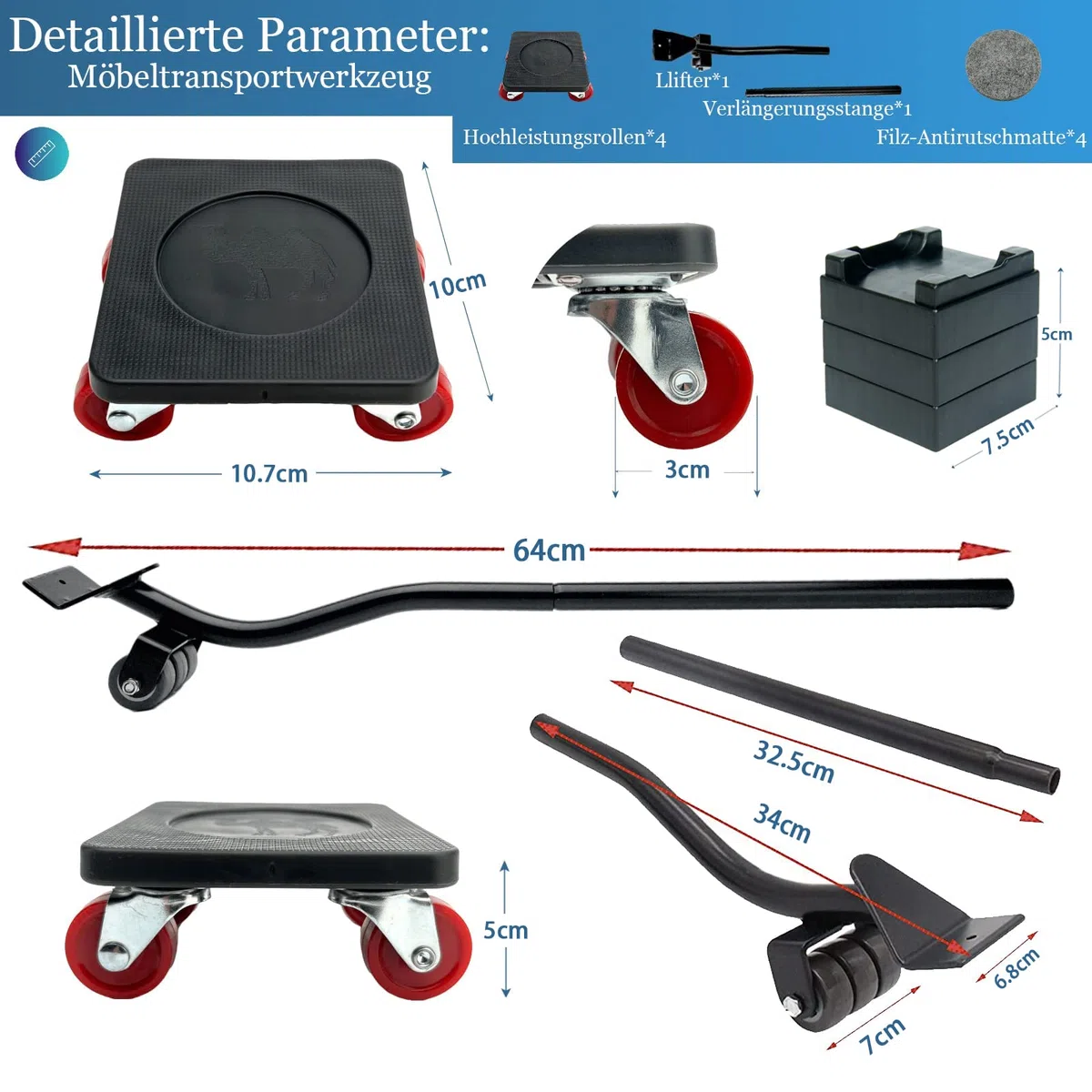 PULLEY Möbel Transportrollen Set, Möbelheber mit 4 Stück Bewegen Sliders Schwere Möbelrollen Verschieben Werkzeuge Max for 400KG, 360 Graddrehbar Pads PU Rad