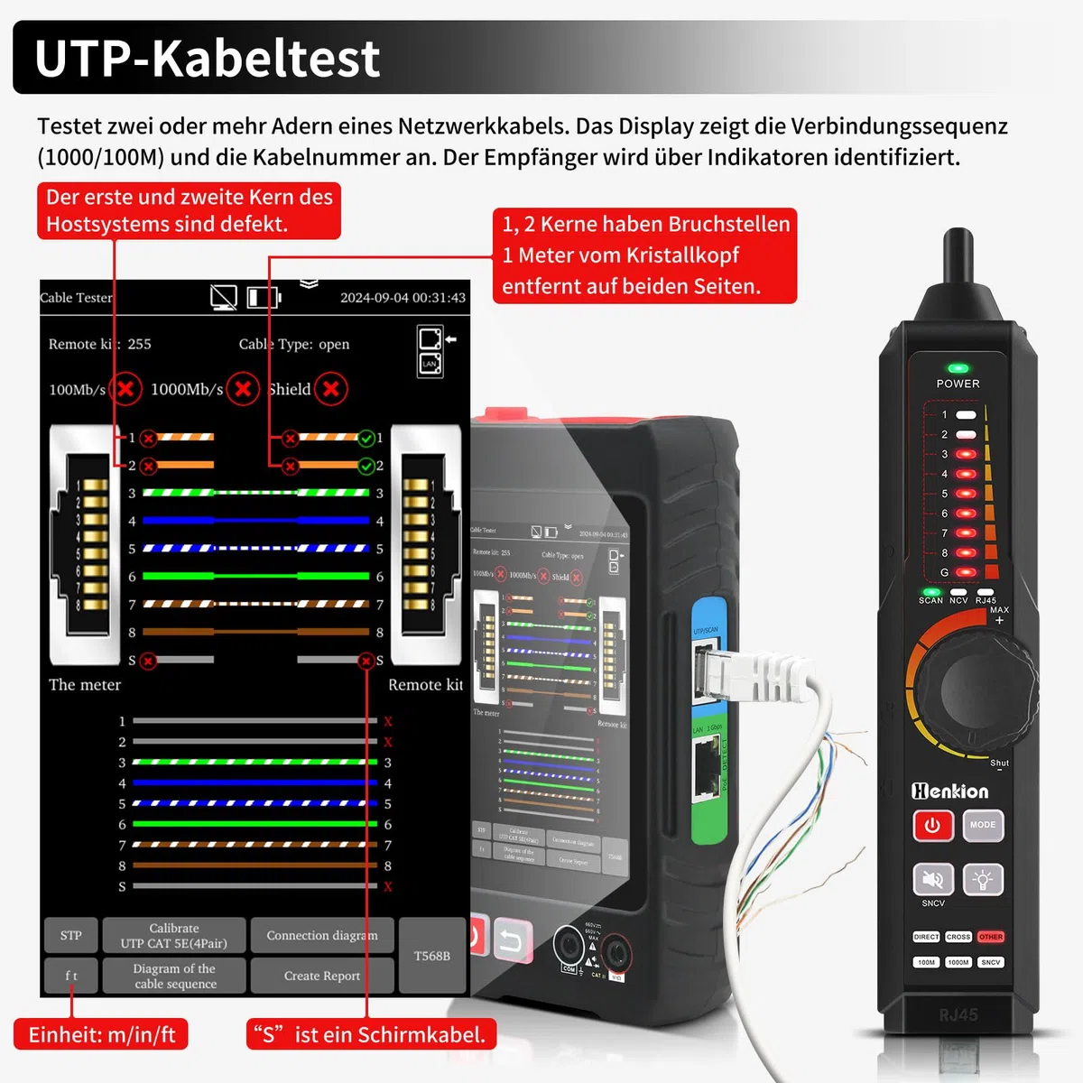 Henkion RJ45 Netzwerkkabeltester UTP-Kabeltester,Ethernet-Kabelverfolger, 4-Zoll-IPS-Touchscreen, unterstützt Netzwerktools, OPM, DMM, TDR, LEVEL METER, POE++-Erkennung, RJ45 TDR, Kabellänge,NCV