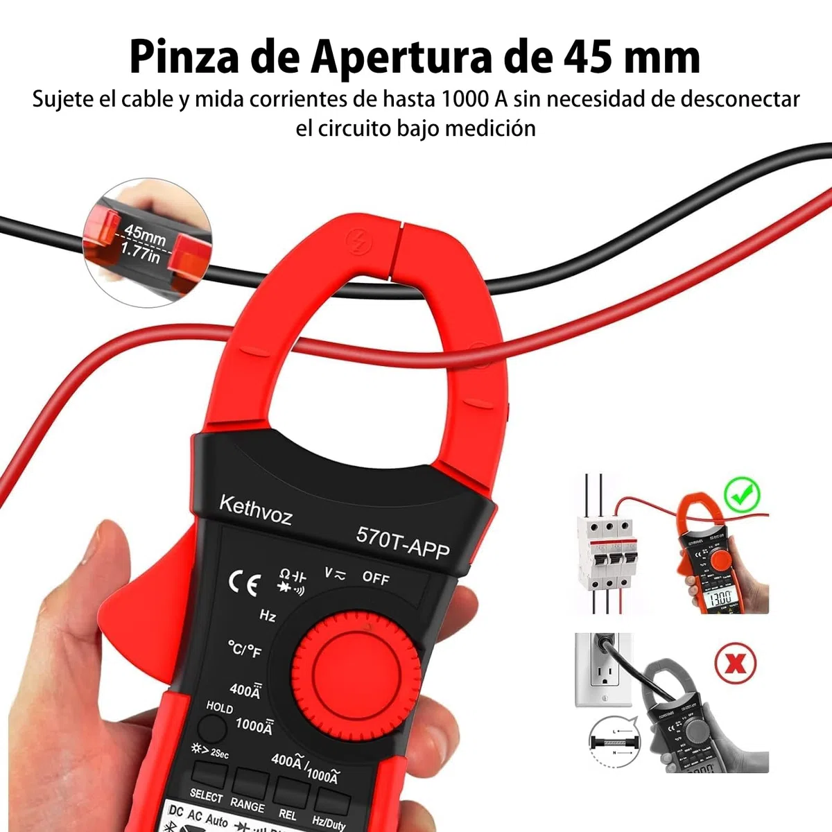 Strommesszange Bluetooth 4000 Counts Stromzange, Kethvoz Zangenmultimeter Strommessgerät mit Automatischem Messbereich für Widerstand Kapazität Durchgang Temperatur Diode Messen KE-570T-APP