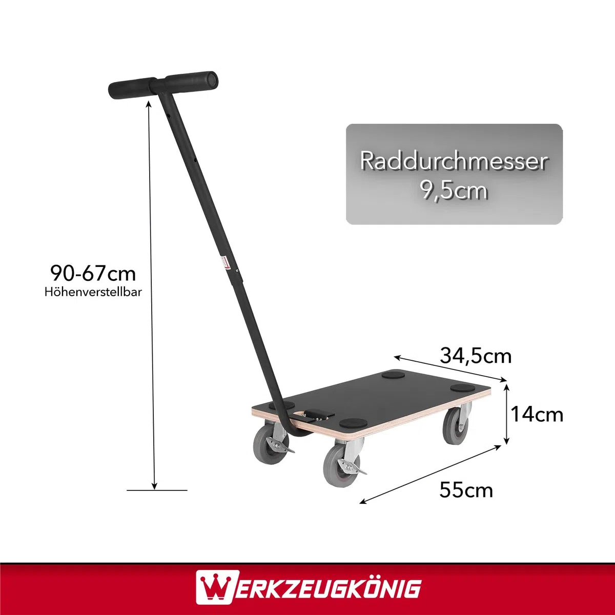 Transportroller 400 kg - Rollbrett 55 x 34,5 cm - Multiplexplatte Siebdruckbeschichtung - Vollgummirollen - inklusive Handgriff