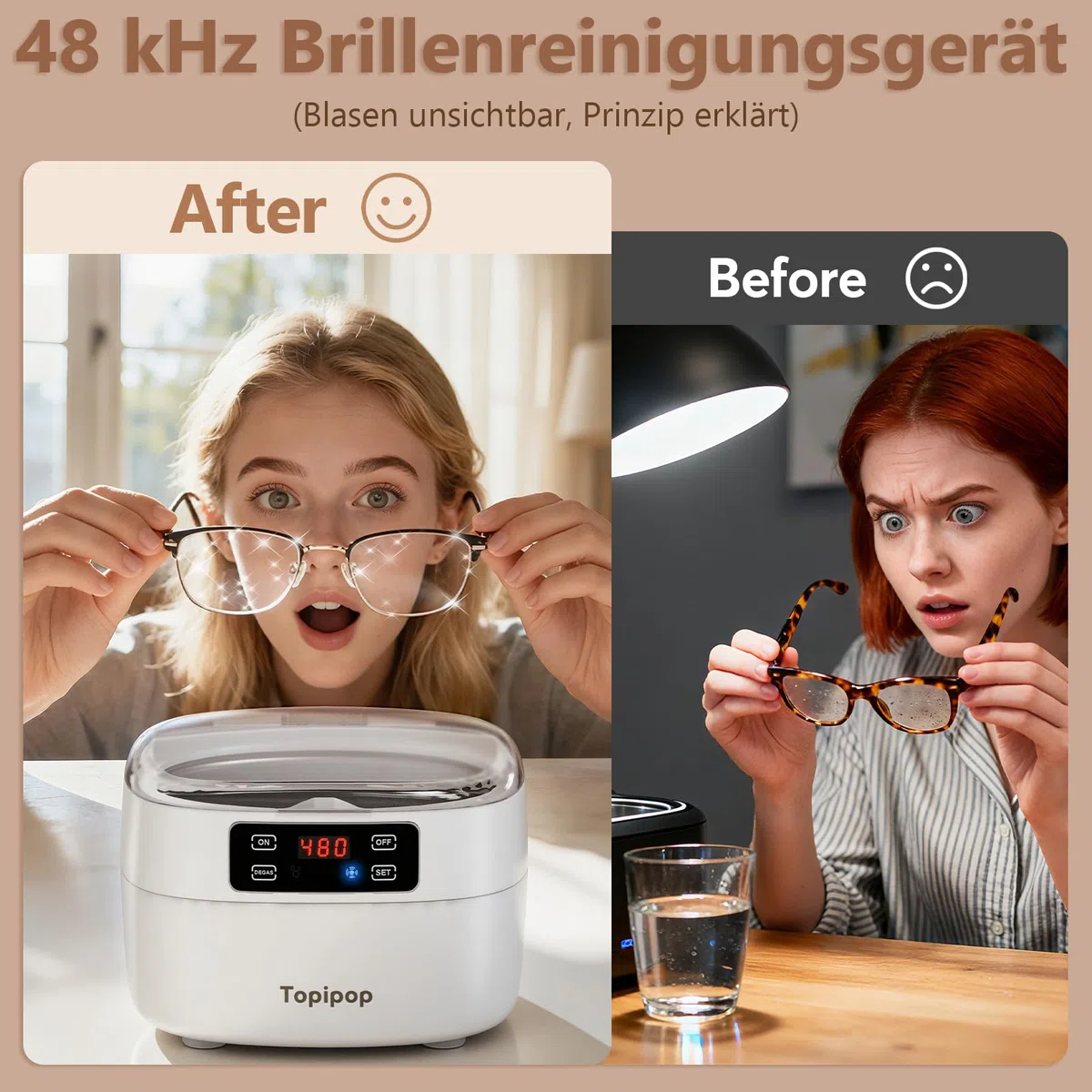 Topipop Ultraschallreinigungsgerät, 48000Hz Ultraschallreiniger, 750 ml brillenreinigungsgerät, professionelles Ultrasonic Cleaner zum Reinigen von Brillen, Uhren, Ringen, Rasierklingen (White)