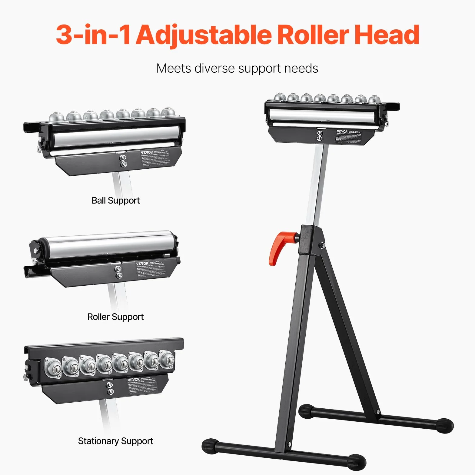 VEVOR 3-in-1 Rollenständer, 136 kg, 68–108 cm höhenverstellbar, Rollenbock mit 29,2 cm poliertem, multidirektionalem Rollenkopf, für Tischkreissägen-Auslauf, Holzbearbeitungs-Verlängerungsstütze