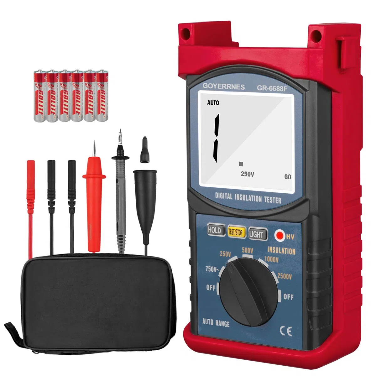 Digital Megohmmeter,GR-6688F Tragbares Megohmmeter,20G Ohm Digitale Isolationswiderstand mit Reichweite 250V/500V/1000V/2500V,Datenhaltung und Hintergrundbeleuchtung,Prüfung für Kabel Motoren
