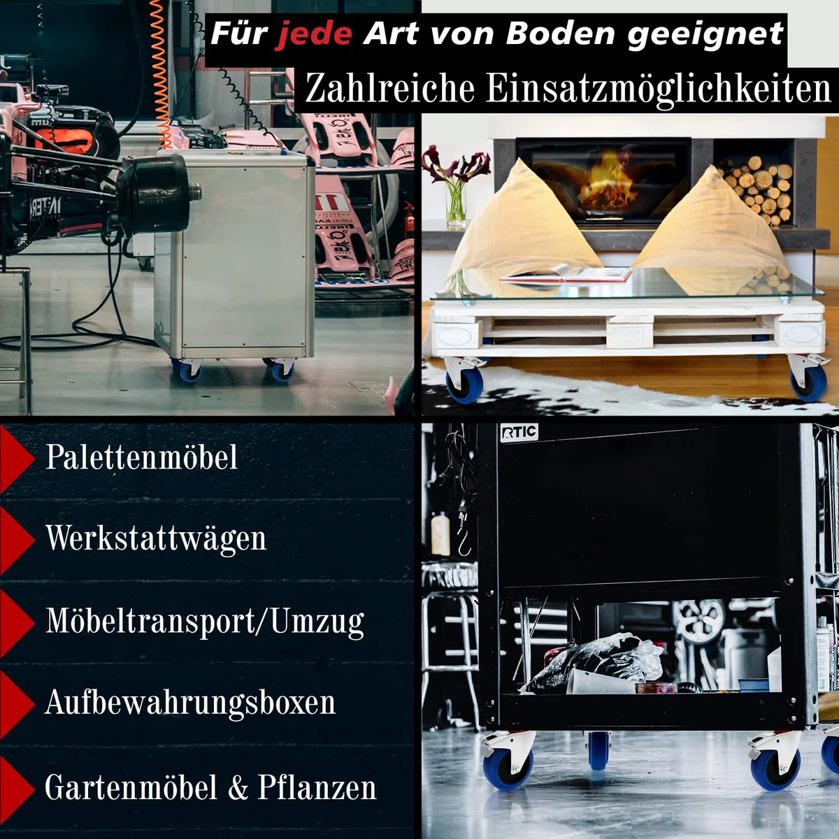 Transportrollen mit Bremse 100mm Möbelrollen Schwerlast - Bockrollen Set Gummi Rollen Blue Wheels Lenkrollen für Rollbrett Werkstatt schwere Möbel Palettenmöbel Rollwagen Räucherschrank Werkzeugwagen