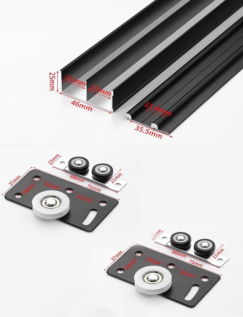 Hardware-Kit for Schiebetürschienen for Kleiderschränke, 2-Schienen-Aluminiumschienen mit Riemenscheibenprogramm, Reparatur der Glasschiebetürschiene, Führung for Terrassenglas-Fliegengitter(Black,150