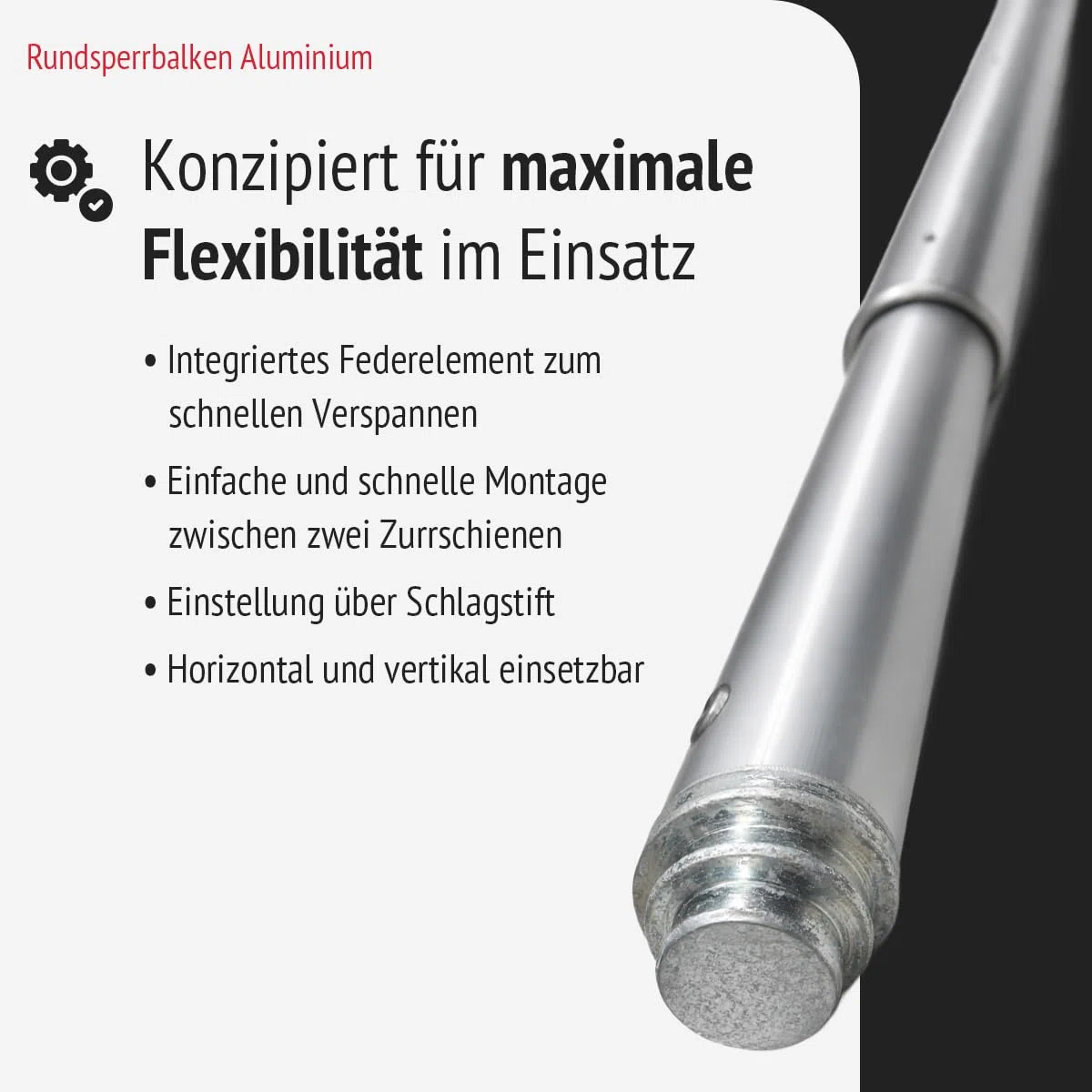 Rundsperrbalken Alu verstellbar Einsatzbereich: 1470 – 1980 mm | Sperrstange | eloxiertes Aluminium | mit Kombizapfen | für Airline- und Zurrschienen