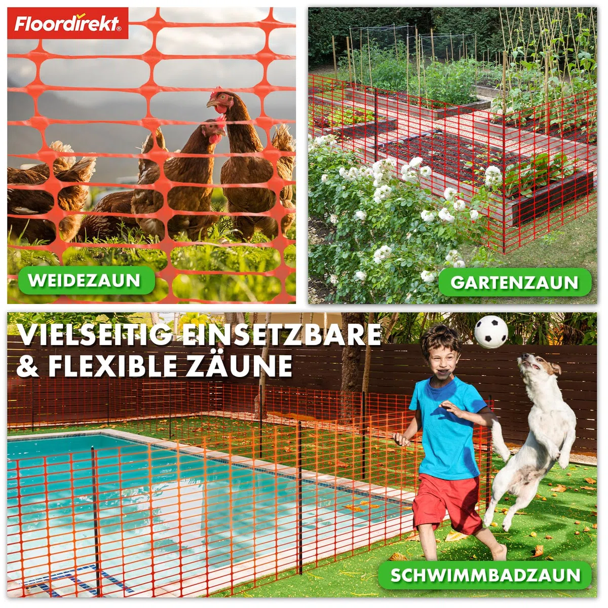 Floordirekt Hühnerzaun Viehzaun Schutznetz grün - 1m hoch 50m lang, zuschneidbar - Wiederverwendbare Absperrung Weidezaun robust (grün, 50m)
