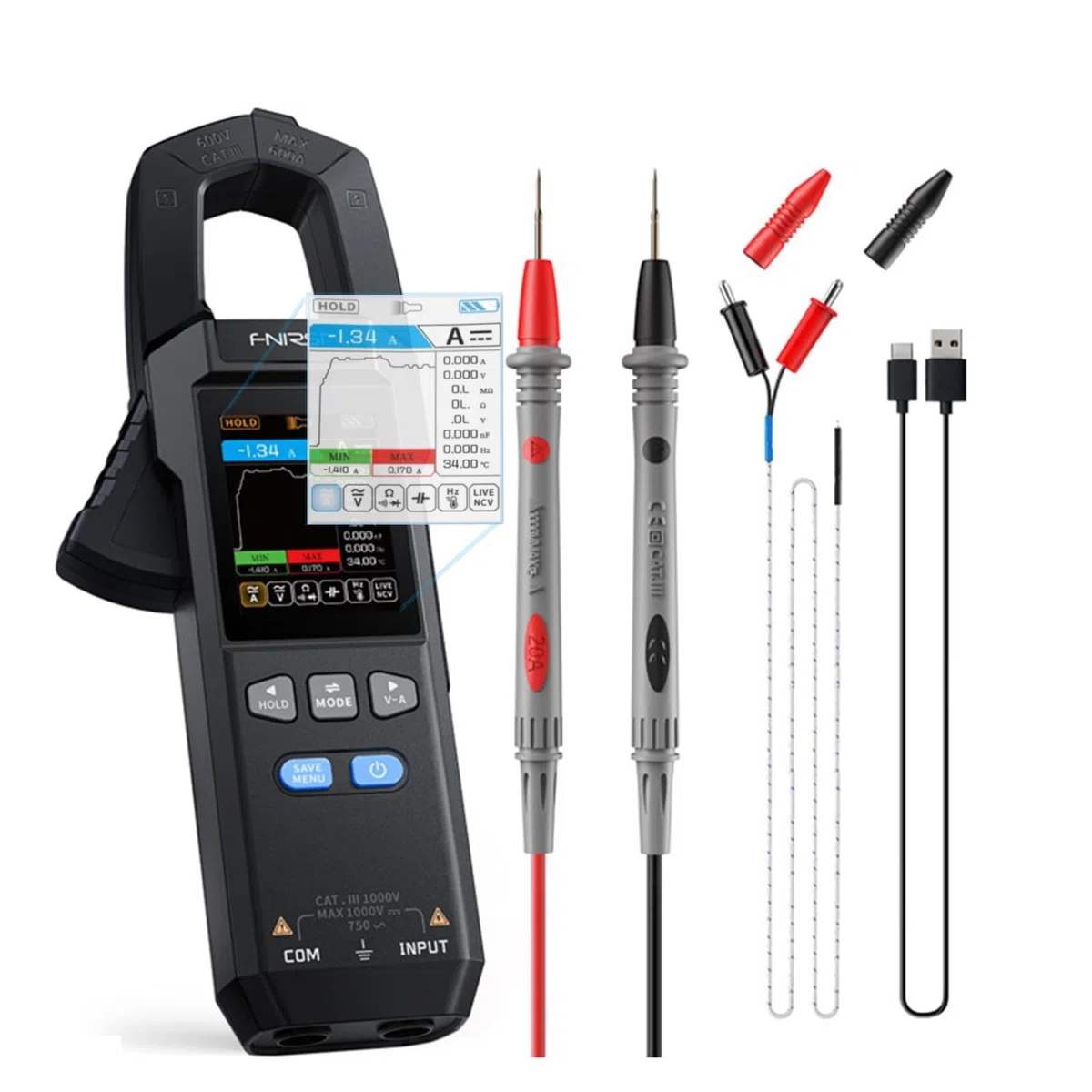 Digitale Intelligente Stromzange AC DC, 9999 Zähler TRMS, Kurvenaufzeichnung, Wiederaufladbares Zangenmultimeter, misst NCV, AC/DC Spannung, Strom, Durchgang, Kapazität, Diode, Widerstand, Temperatur
