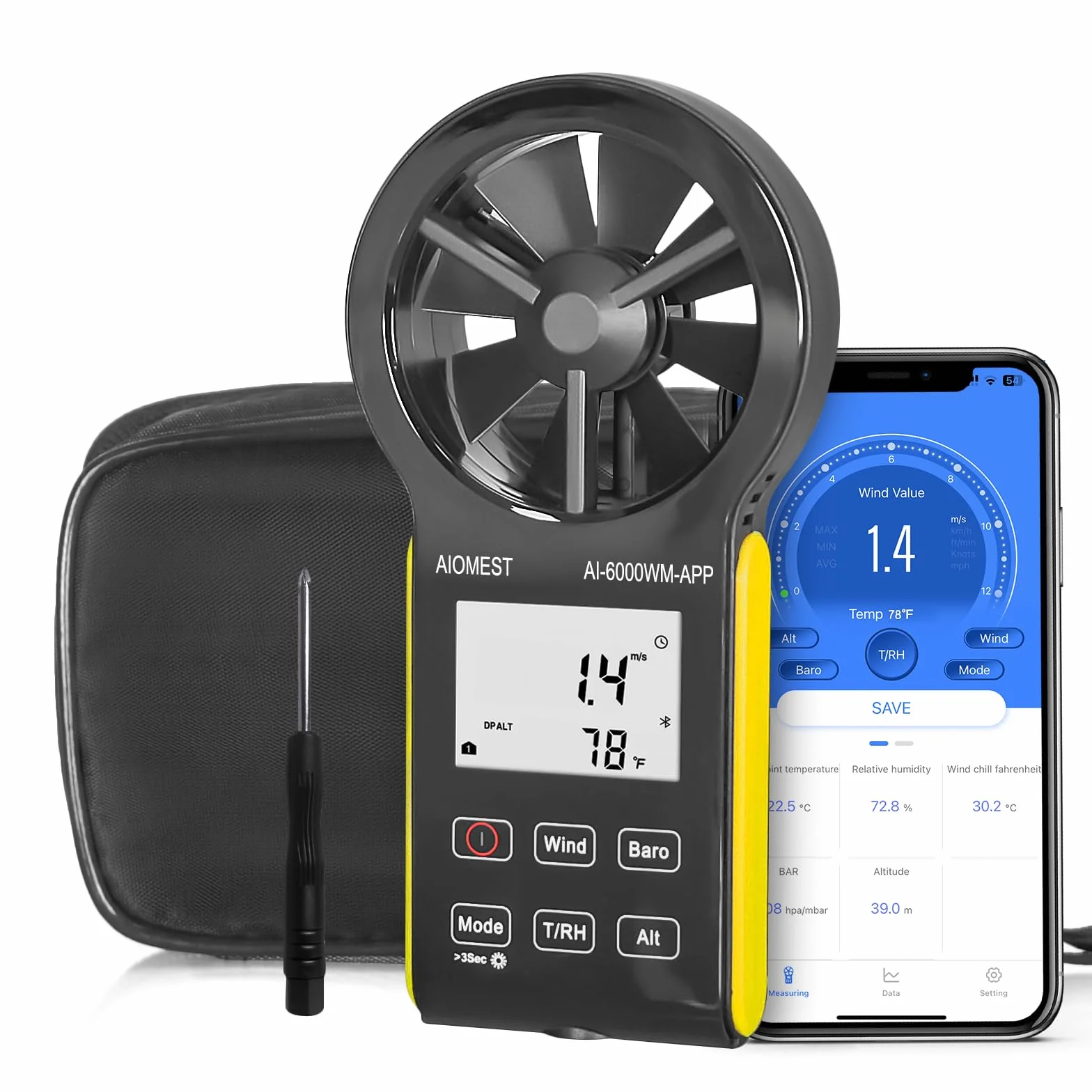 AIOMEST 6000WM-APP Digitaler Anemometer Handheld Windmesser Windmessgerät CFM Wind Speed Meter mit MAX/MIN/AVG für Windgeschwindigkeit Temperatur Wind Chill Tester, HVAC