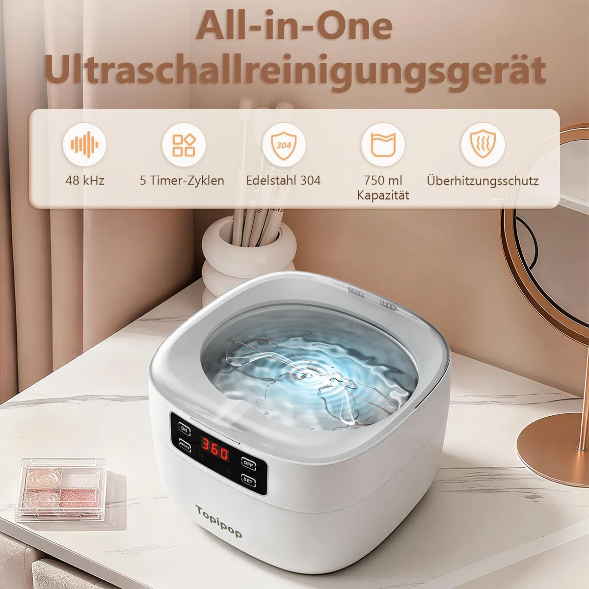 Topipop Ultraschallreinigungsgerät, 48000Hz Ultraschallreiniger, 750 ml brillenreinigungsgerät, professionelles Ultrasonic Cleaner zum Reinigen von Brillen, Uhren, Ringen, Rasierklingen (White)