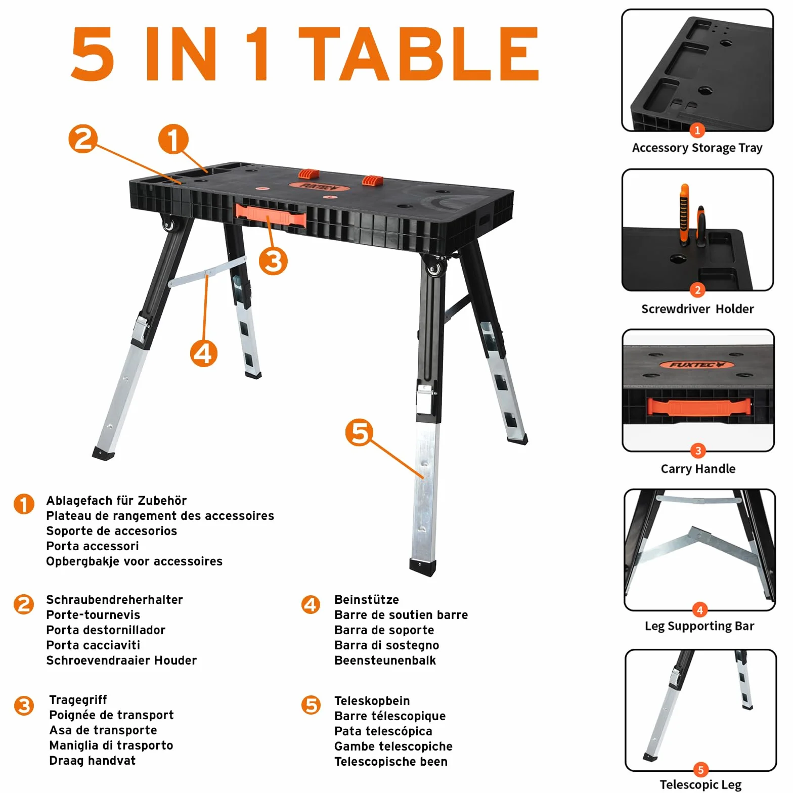 FUXTEC klappbare 5in1 Universal-Werkbank FX-WB – Werkbank/Arbeitstisch bis 150kg – höhenverstellbar bis 129x59x75cm – Transportroller mit Schubfächern – Werkstattbrett/Rollbrett