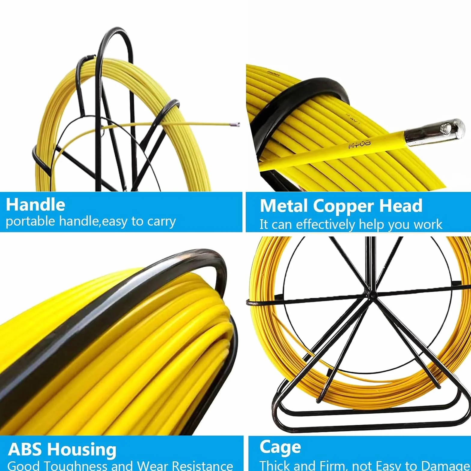 Glasfaserstab 50 m Ø 5 mm, Fischband Fiberglas Kabel Rad Rohr Rodder mit Stahlständer und Bremse, Hand-betrieben Draw Wire Retractable Einfädler