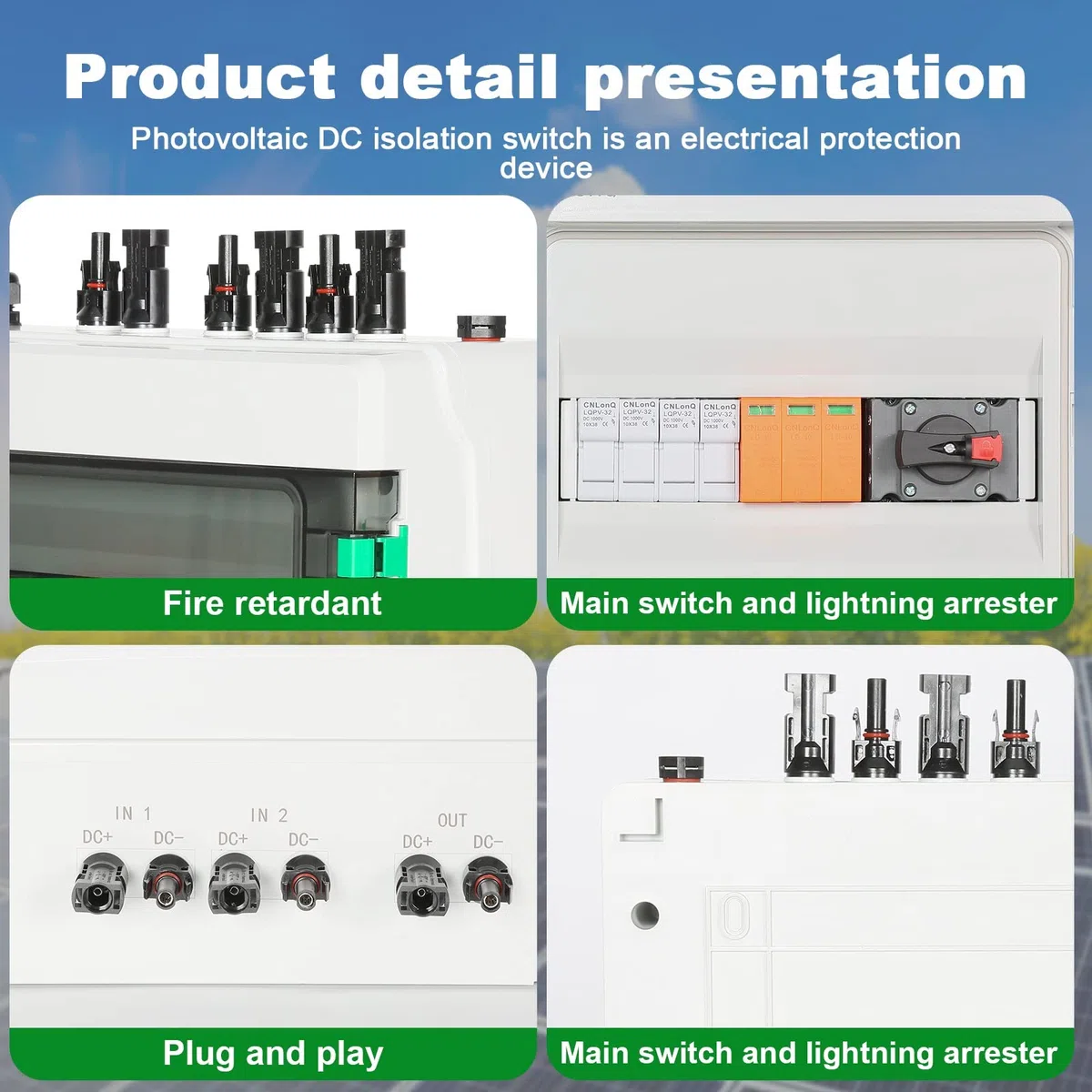 DEWIN Solar PV Combiner Box, 2 in 1 Out 2 String DC 1000V 32A Kombinierer Box 15A Sicherungen Sicherungshalter Trennschalter und Überspannungsschutz mit Wasserdichter Gehäuse
