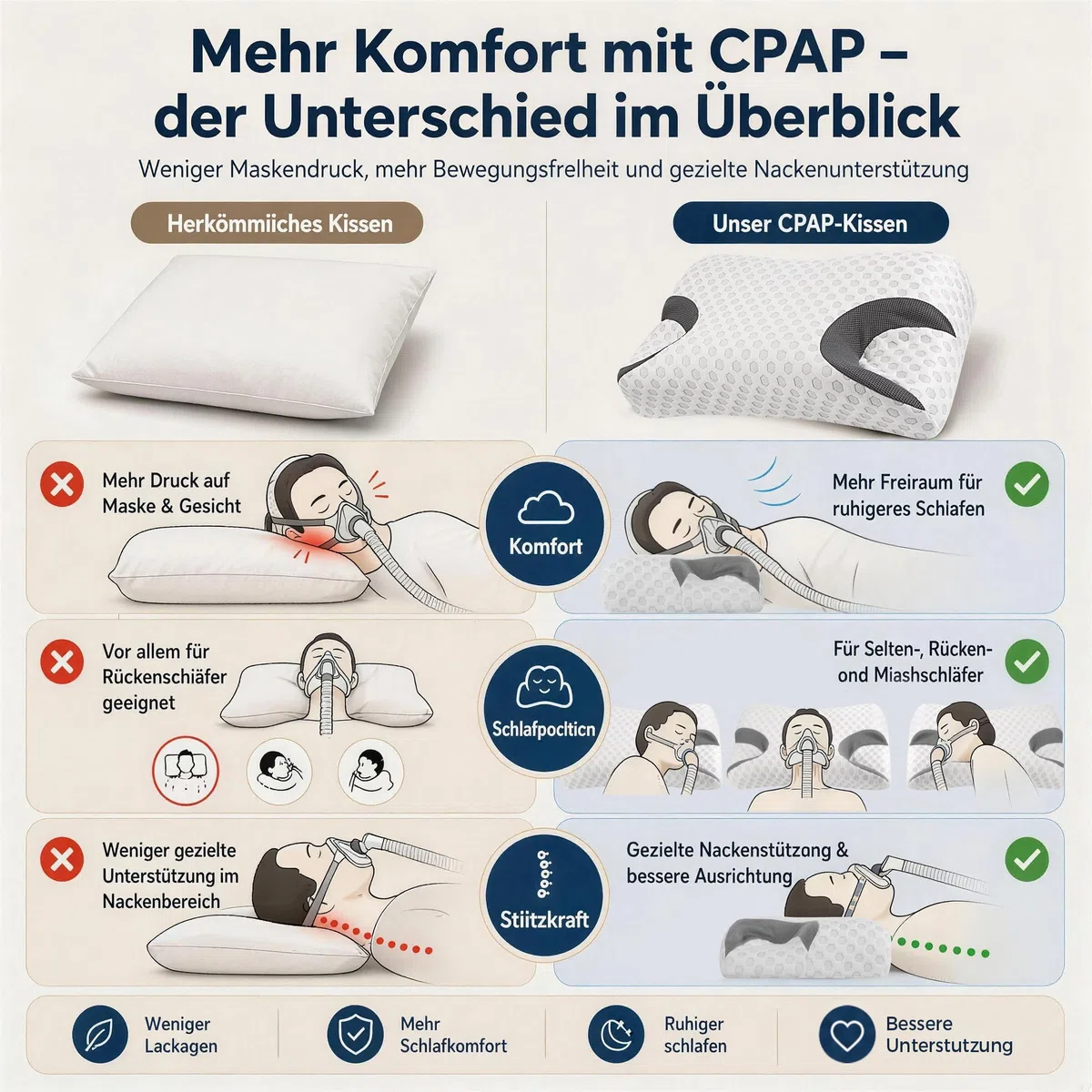 CPAP Kissen für Seitenschläfer, Memory Foam Kopfkissen für CPAP Masken, ergonomisches Nackenstützkissen zur Reduzierung von Maskendruck und Luftleckagen, für Seiten-, Rücken- und Bauchschläfer