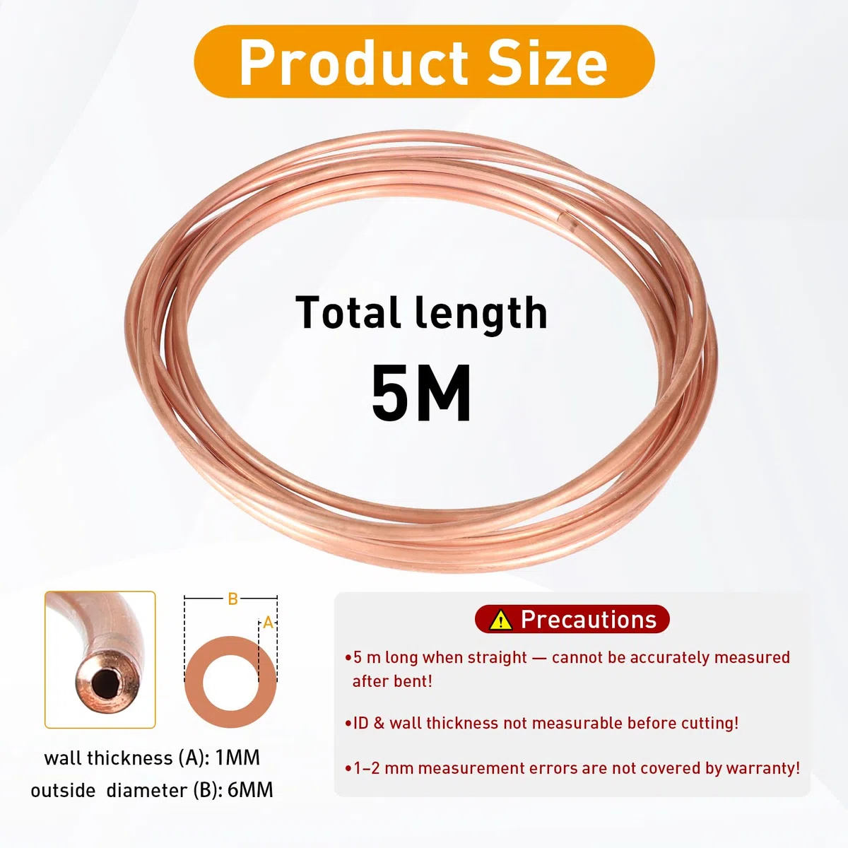 EXLECO 5M Weiches Kupferrohr OD 6mm x ID 4mm x Dicke 1mm Kupferrohr Weich Ringware Gute Duktilität Kupferspirale Rohr Wasserrohr Kupfer Gasrohr Copper Tube Kupferleitung Hydraulikrohr für Kältetechnik