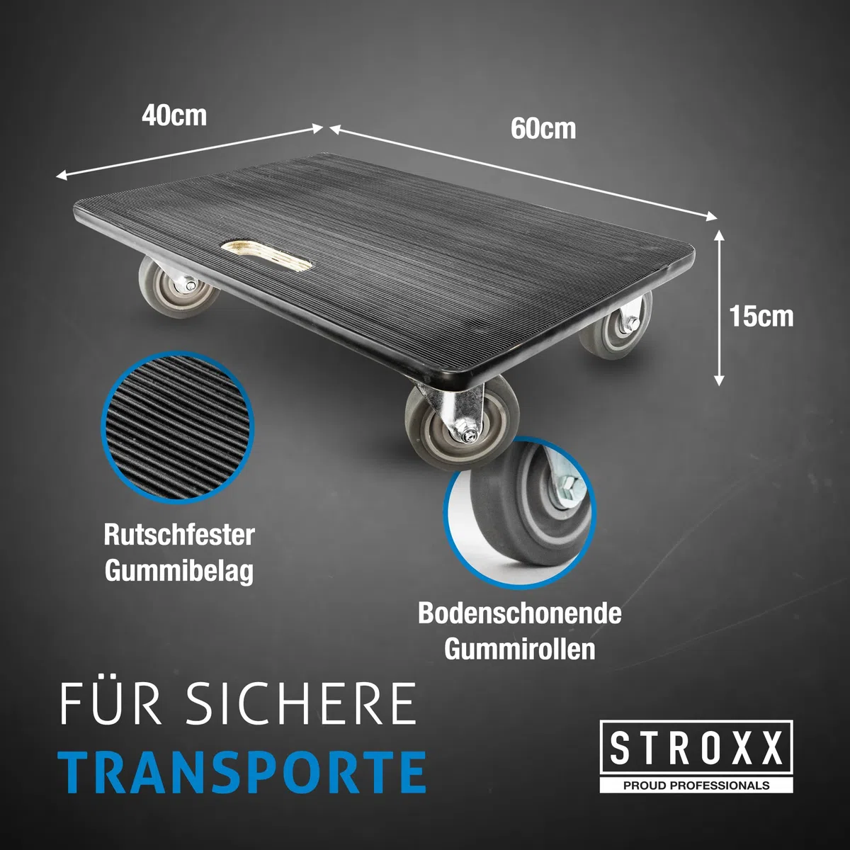 STROXX – 1x Transportroller mit 500kg Traglast (600 x 400 x 145mm) – Rollbrett mit rutschfestem Gummibelag – Möbelroller für Umzug & sperrige Gegenstände