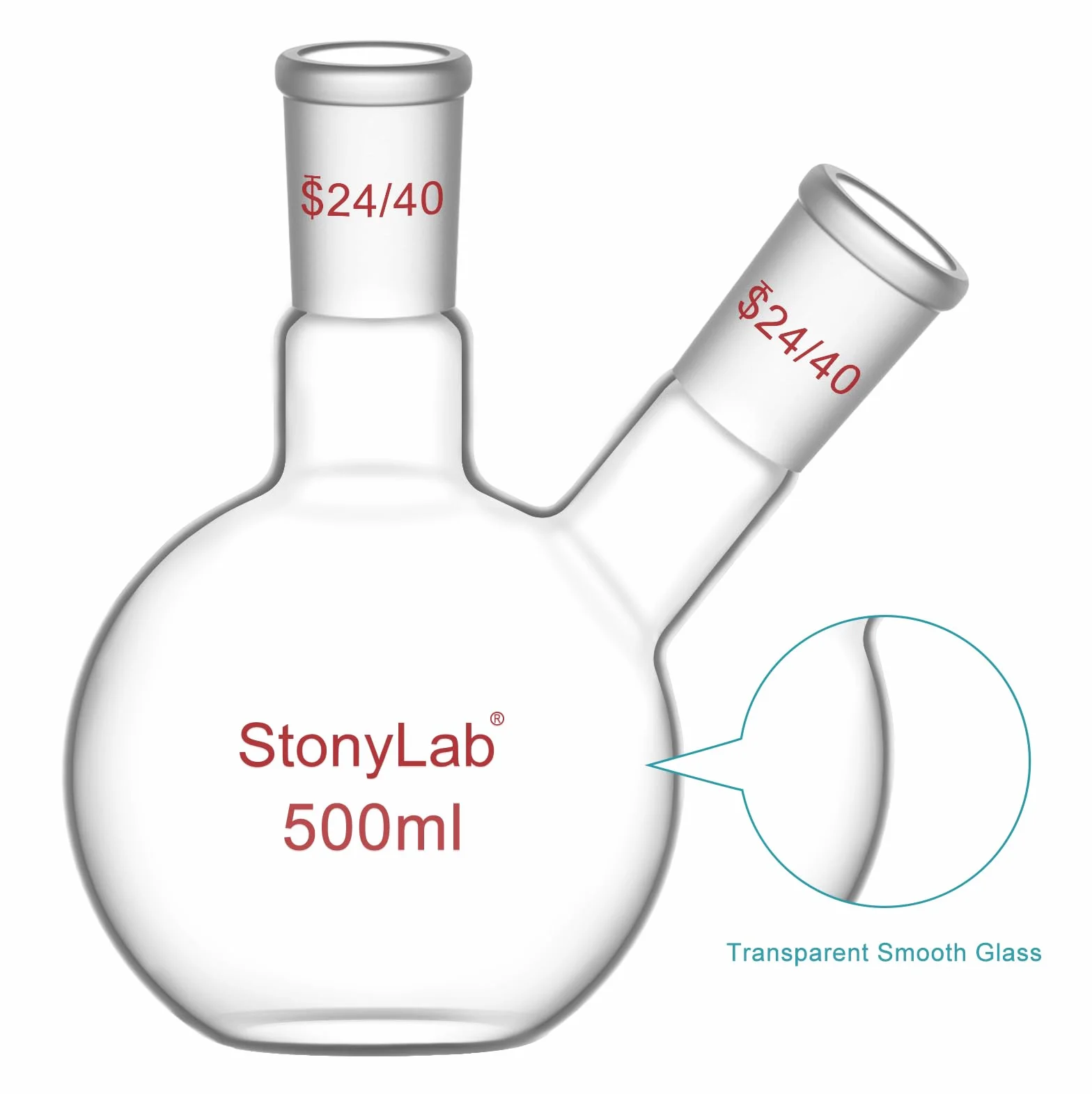 stonylab Flachbodenkolben FBF, Schwerwandiger 2-Hals-Laborkolben Borosilikatglas Flachboden Siedekolben mit 24/40 Standard-Gelenk, 500 ml