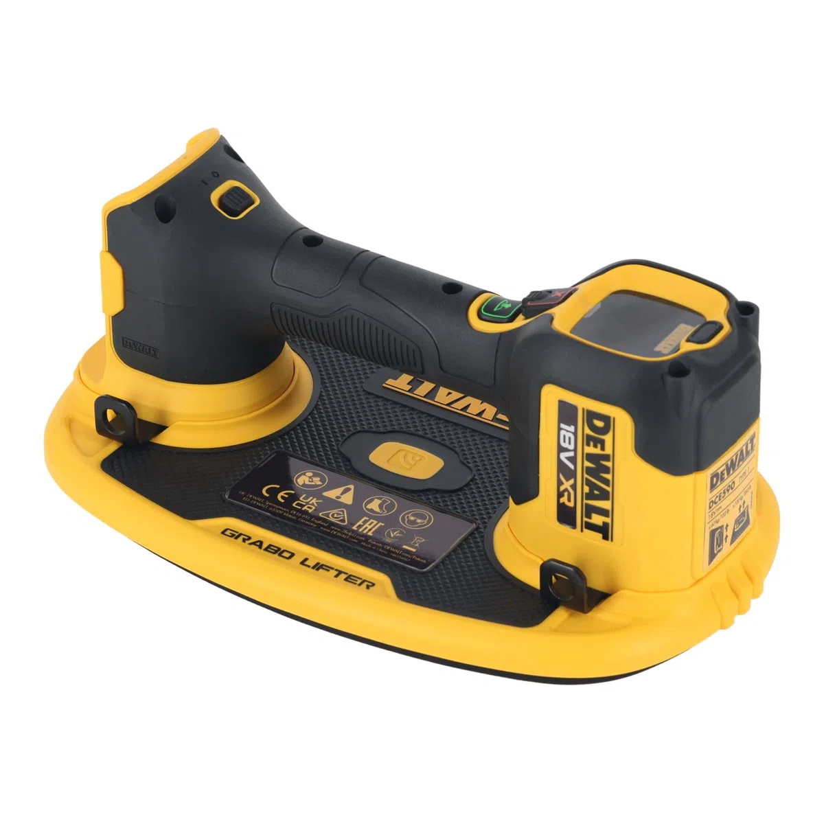 DEWALT 18 Volt Grabo Akku-Vakuum-Heber (bis zu 120 kg Hebekraft digitales Manometer, austauschbare Dichtung, Lieferung ohne Akku und Ladegerät), DCE590N-XJ