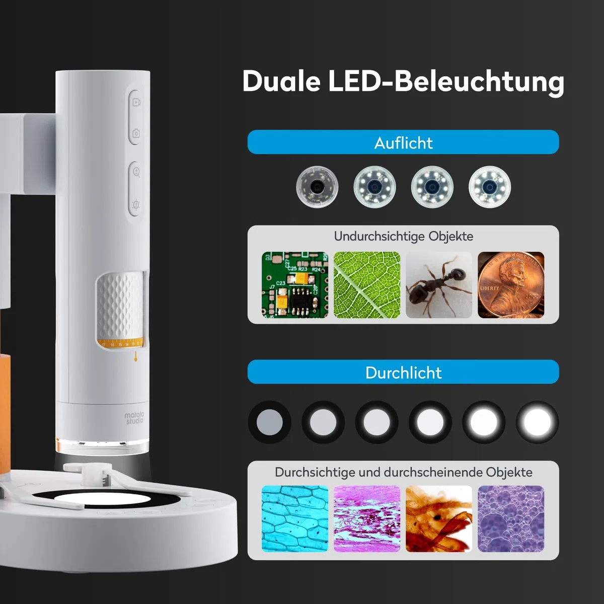 Mikroskop für Kinder, MatataStudio MX1-AS USB Digitales Mikroskop mit 3,5x-1000x, Multifunktionsstativ, 2*LEDs, Objektträger, unterstützt Foto/Video, Tragbares Handmikroskop für Handy & iPad