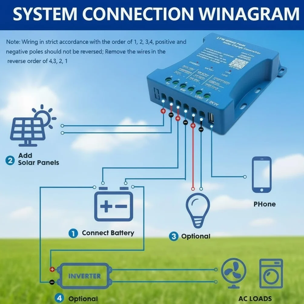 20A Regolatore solare con WiFi e Bluetooth, PWM 12V/24V/36V Auto, ingresso PV 80V, impostazioni APP per batterie PbAcido/LiFePO4/Litio, ideale per camper/casa/strutture offshore
