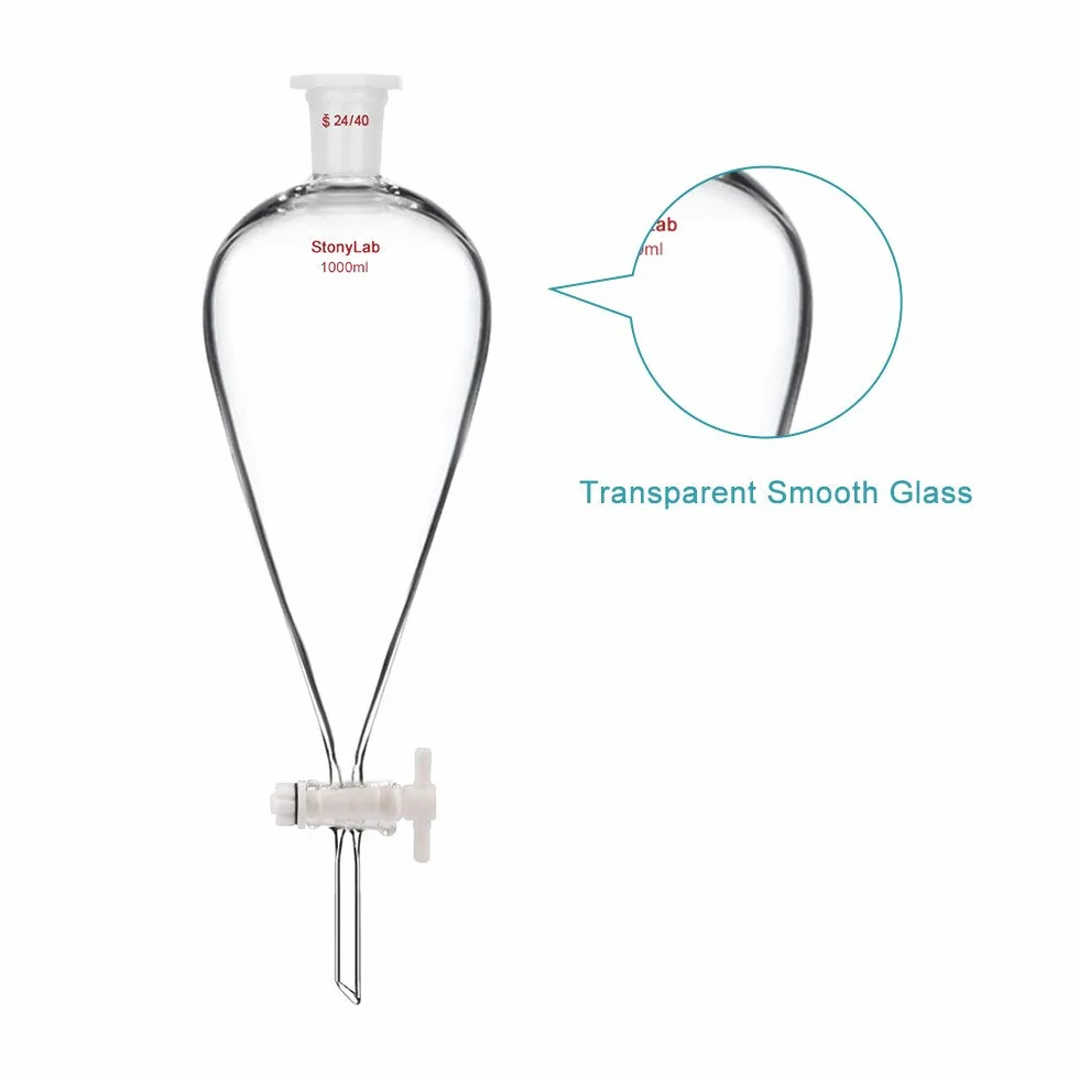 StonyLab 1000 ml Trichter aus Borosilikatglas, Separatory Funnel, Schwerwandig Konisch mit 24/40 Gelenken und PTFE-Absperrhahn - 1L (1 Liter)