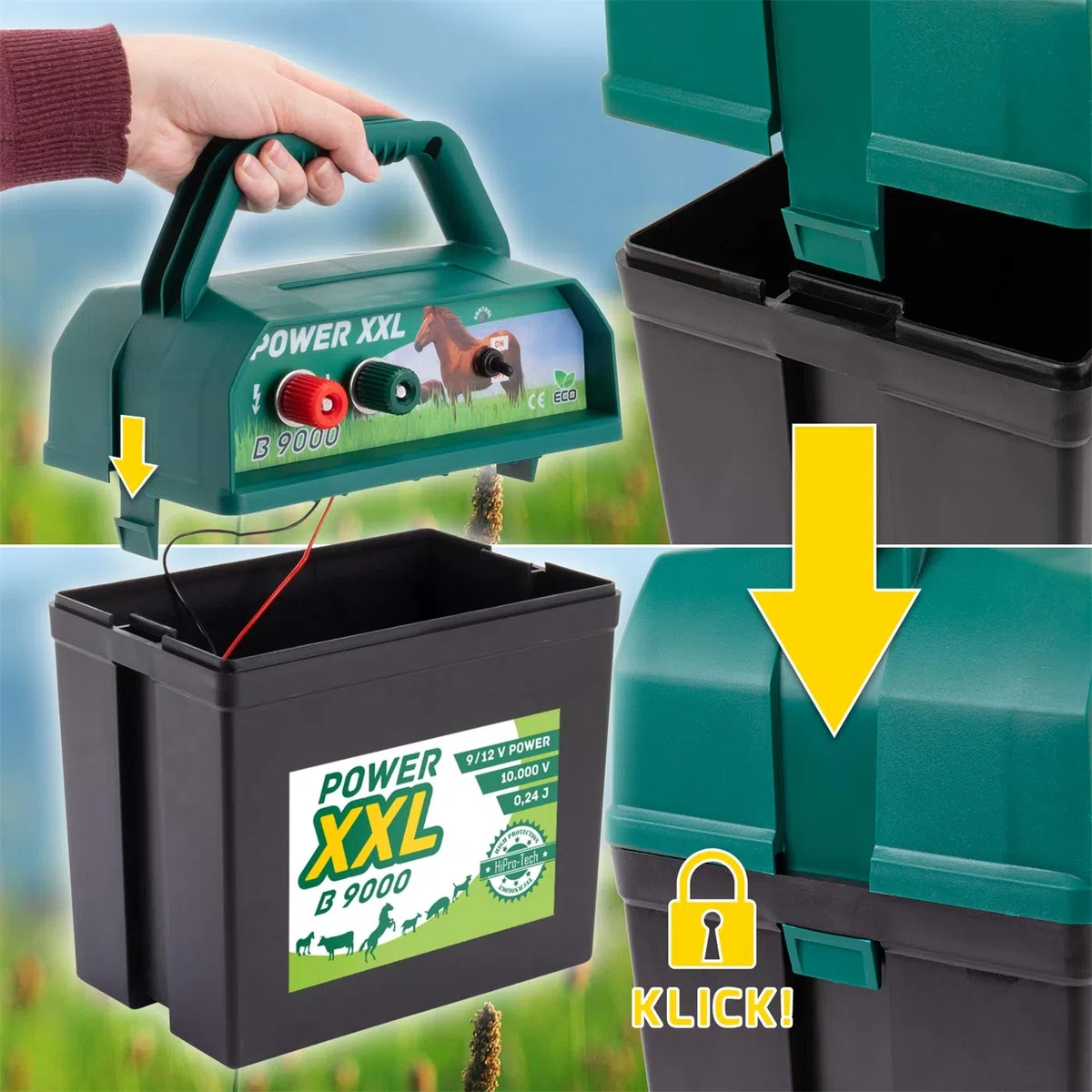 B 9.000 Effektives Weidezaungerät 9V/12V Elektrozaungerät für einen sicheren Weidezaun, Pferd, Pony, Rind