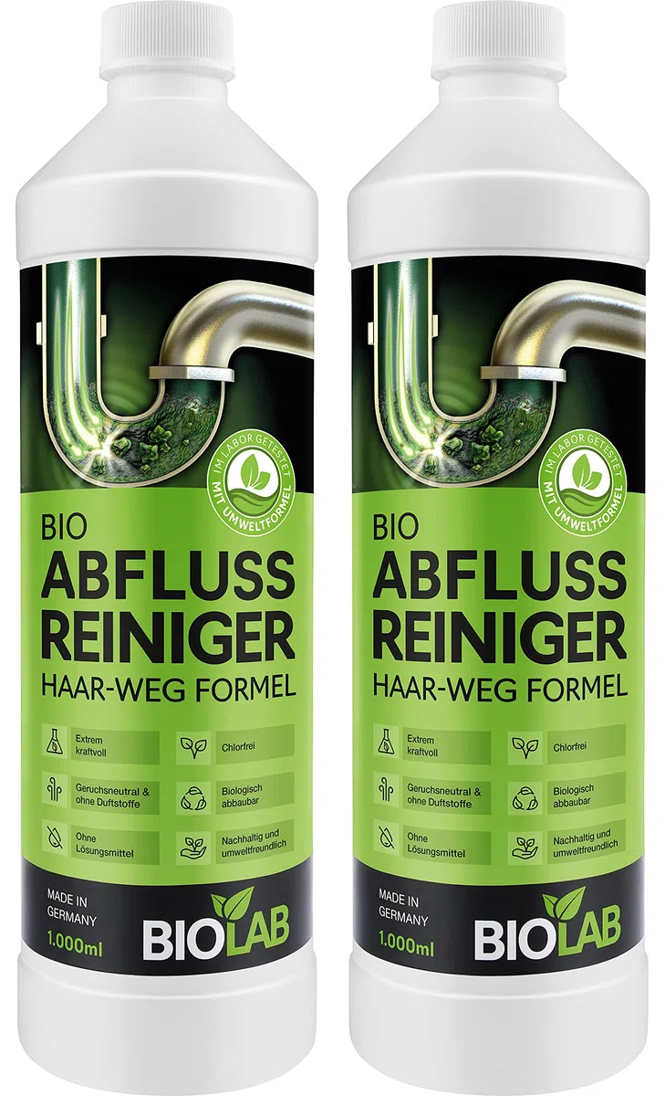BIOLAB Abflussreiniger (2 x 1000 ml) Rohrreiniger mit Haarweg Formel – Extra Stark - Abflussfrei - Drain Free Abfluss Reiniger