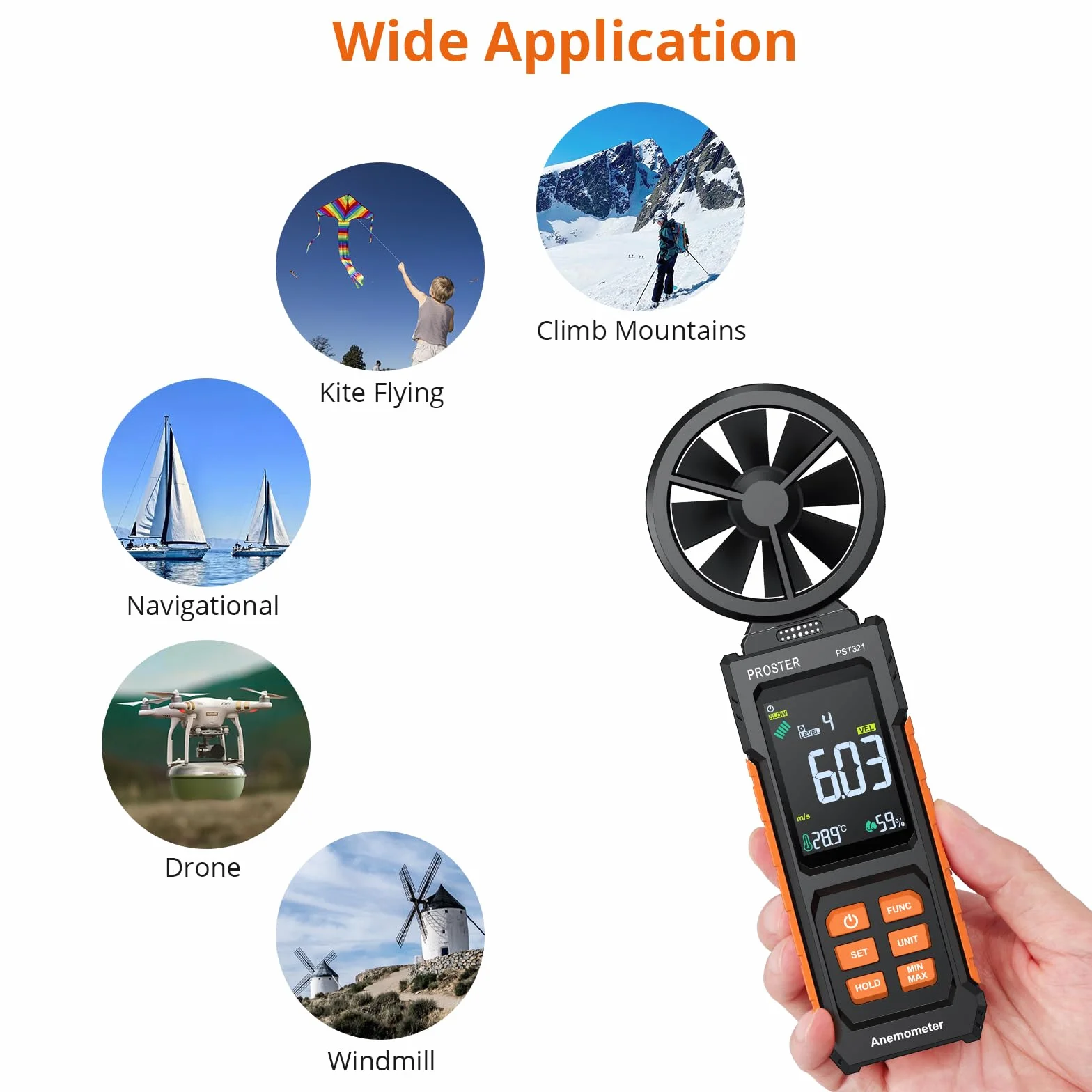 Proster Digitales Anemometer Windgeschwindigkeitsmesser（CFM CMM CMS）mit Farbdisplay und Hintergrundbeleuchtung – Luftvolumenmessgerät mit Lufttemperatur Test für Outdoor, Segeln, Schifffahrt