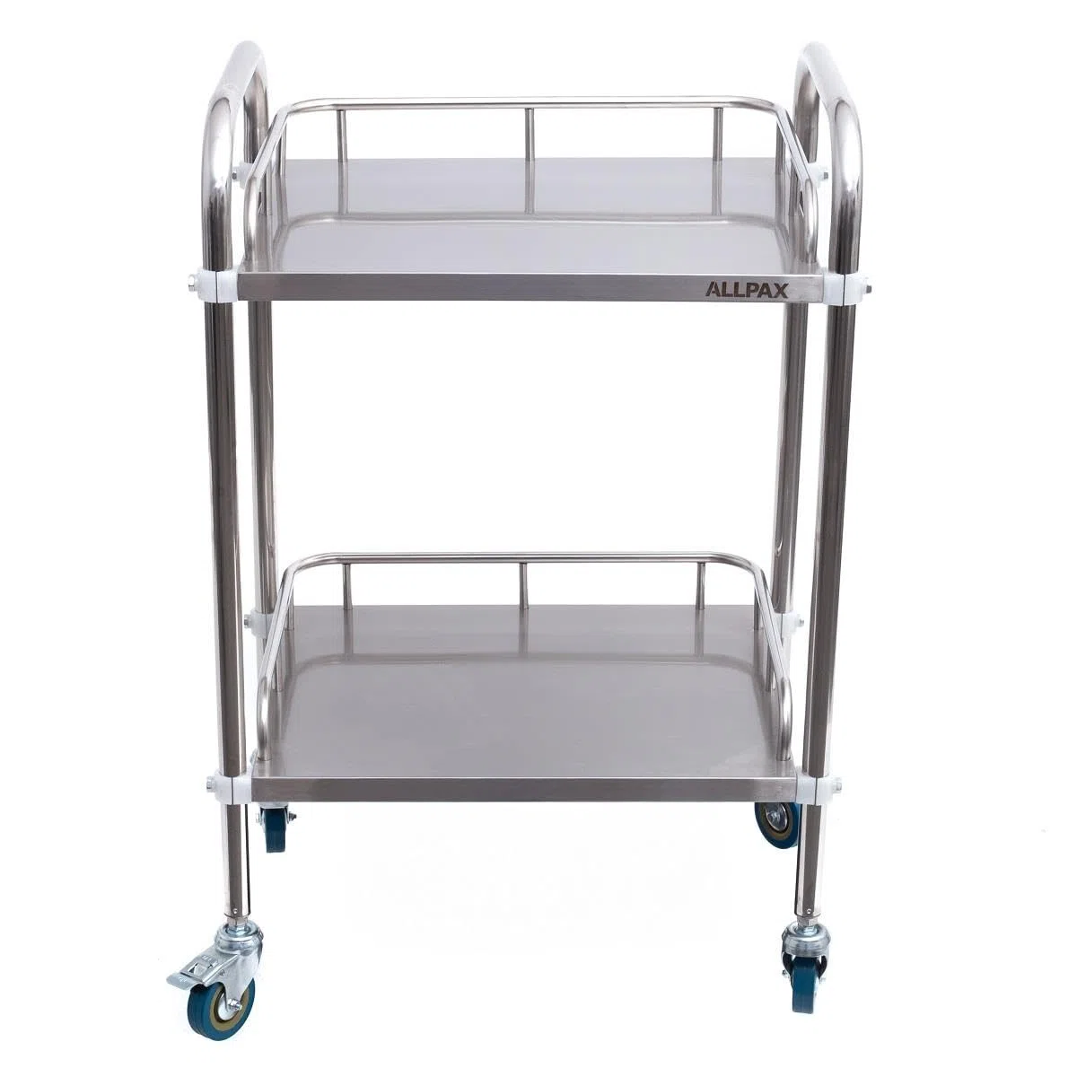 Allpax Labor-Rollwagen aus Edelstahl mit 2 Ablagen und Lenkrollen, 500 x 400 x 860 mm, 100 kg Tragfähigkeit - Abräumwagen, Servierwagen, Transportwagen, Küchenwagen