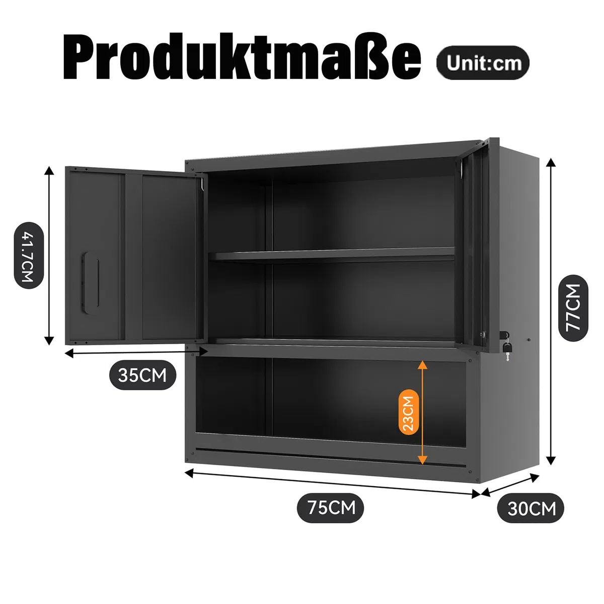 Wandmontierbarer Metall-Werkzeugschrank 77x75x30 cm | Abschließbarer Hängeschrank mit Verstellbarem Einlegeboden & Offenem Schub | Rostfrei für Garage, Lager, Büro, (Schwarz)