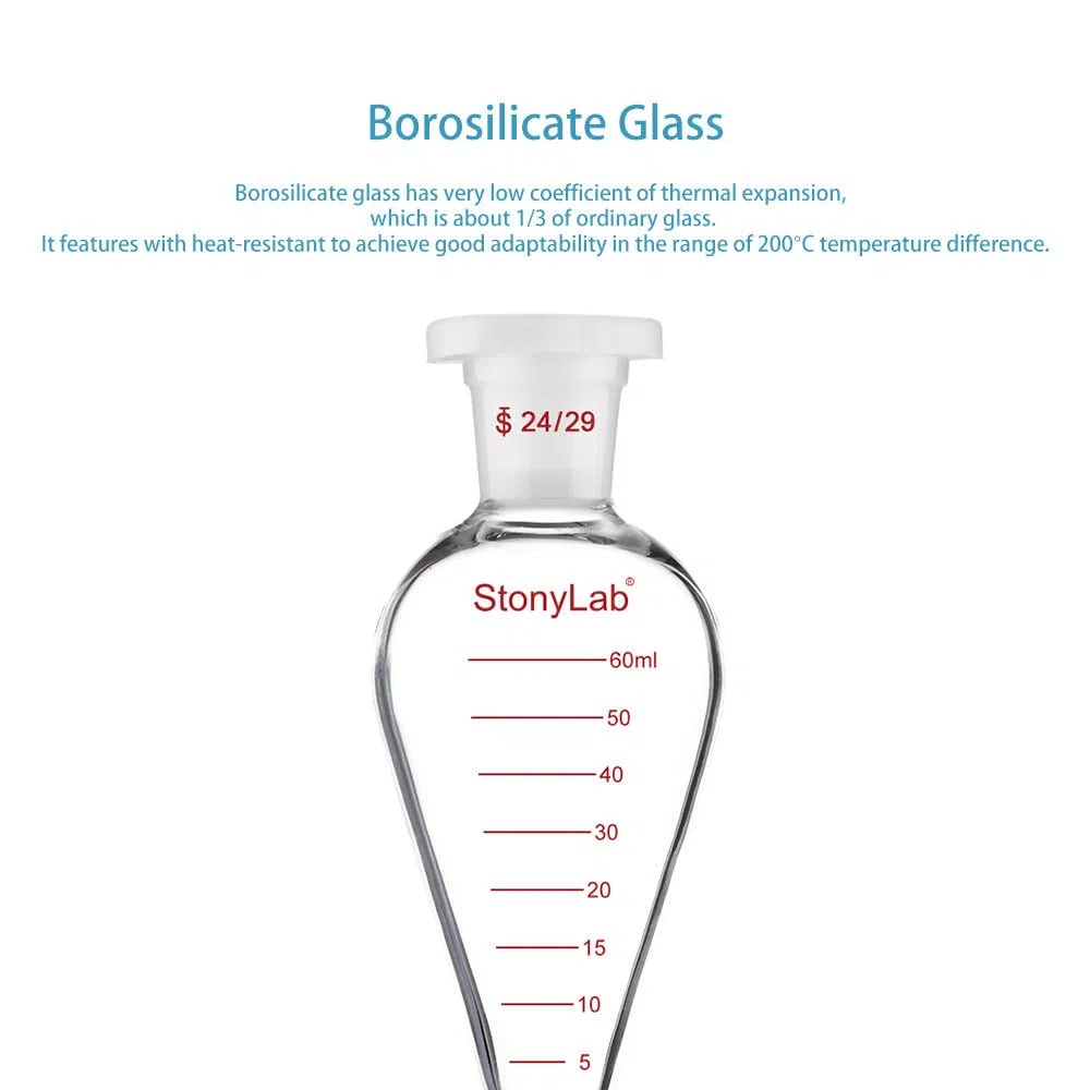 stonylab Messablauftrichter, Schwerwandig Birnenförmig Konisch aus Borosilikatglas mit PTFE-Hahn und Kunststoffstopfen, 60 ml