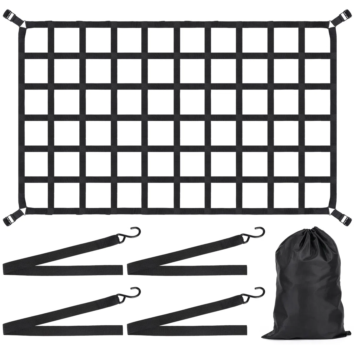 EFUTURETIME Netz Anhänger Gurtbandnetz 208 x 127 cm Frachtnetz, Ladungssicherungsnetz Verstellbar mit Nockenschnalle und 4 Gurtband, Gepäcknetz mit 16 x 16.5 cm Maschenweite für LKW, Auto