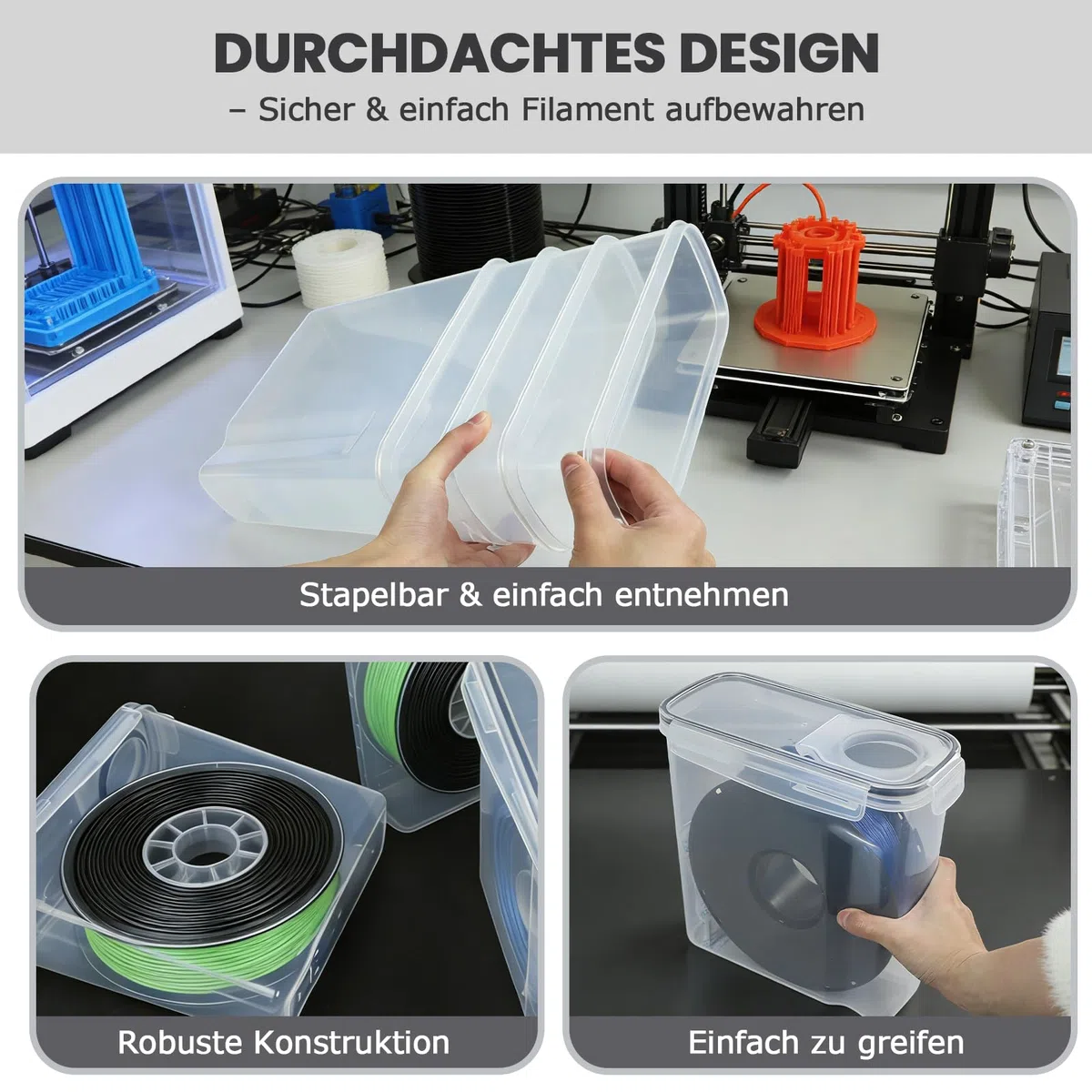 Filament Aufbewahrungsbox, 6 Stück Filament Box für 3D-Druck-Filament Versiegelung und Schutz, Wasser- und Staubdichte Filamentaufbewahrung mit Trockenmittel & Etiketten 4,0L