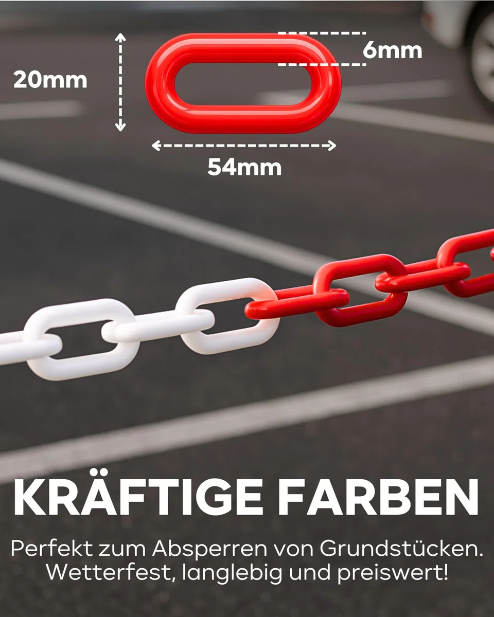 Absperrkette Rot Weiß Kunststoff - UV-Beständig & Witterungsfest – Inkl. 4x S-Haken, 1x Karabiner & Schraub-Karabiner – Absperrkette Kunststoff 25m zur Absperrung im Außenbereich - Absperrkette 25m