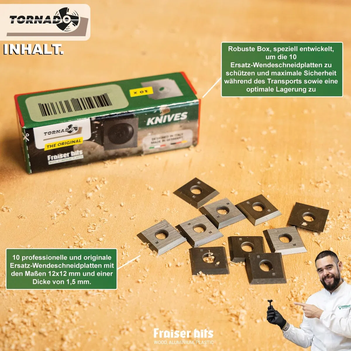 Fraiser Hartmetall-Wendeplatten (HM/Widia) für Planfräser Tornado - 10 Stück (12x12 mm)