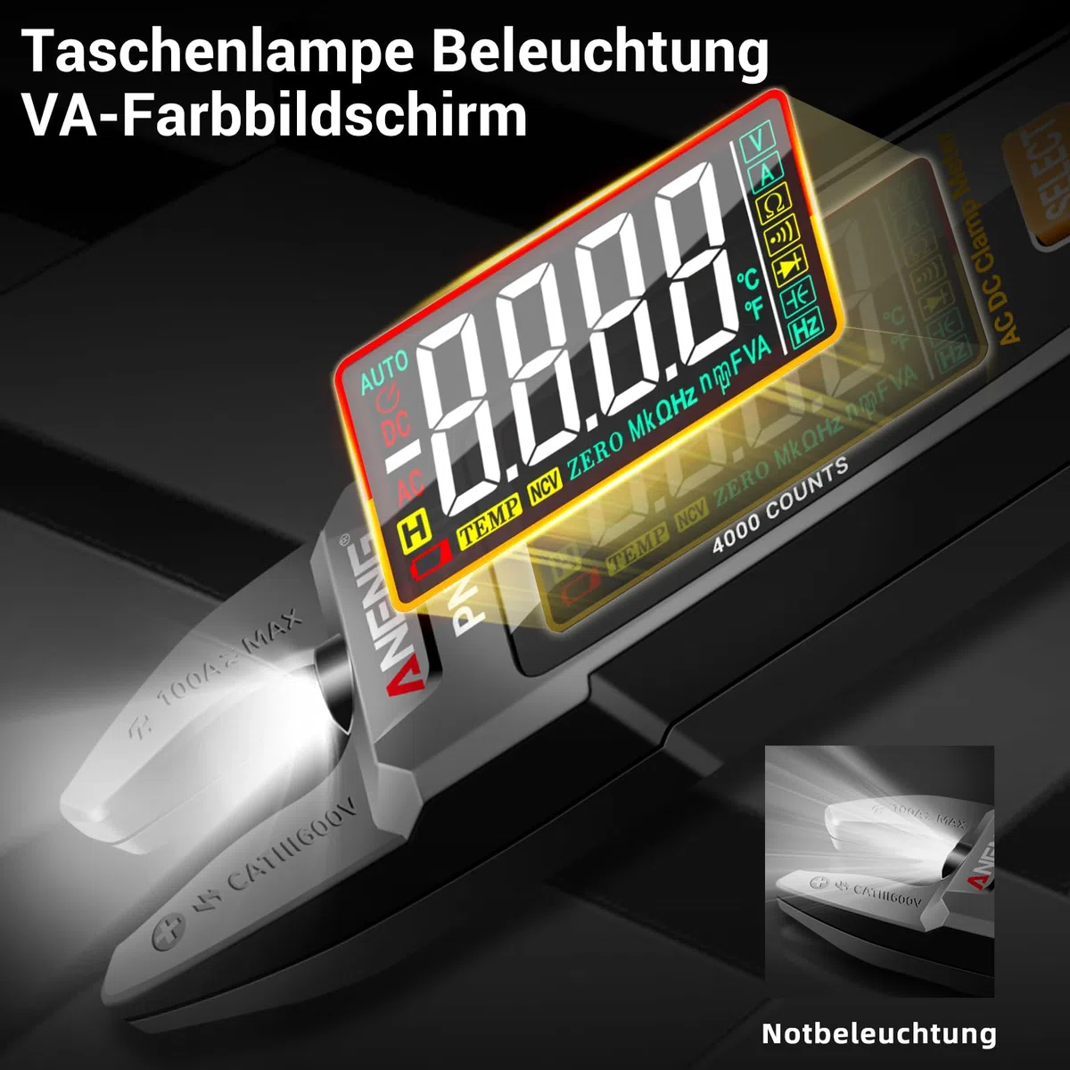 ANENG Multimeter Stromzange,Farb-LCD Wiederaufladbarer U-förmiger Strommesszange,4000 Counts mit Wechselstrom/Gleichstrom Strom,Spannung,Widerstand,Kapazität,berührungslose Spannungserkennung Werkzeug