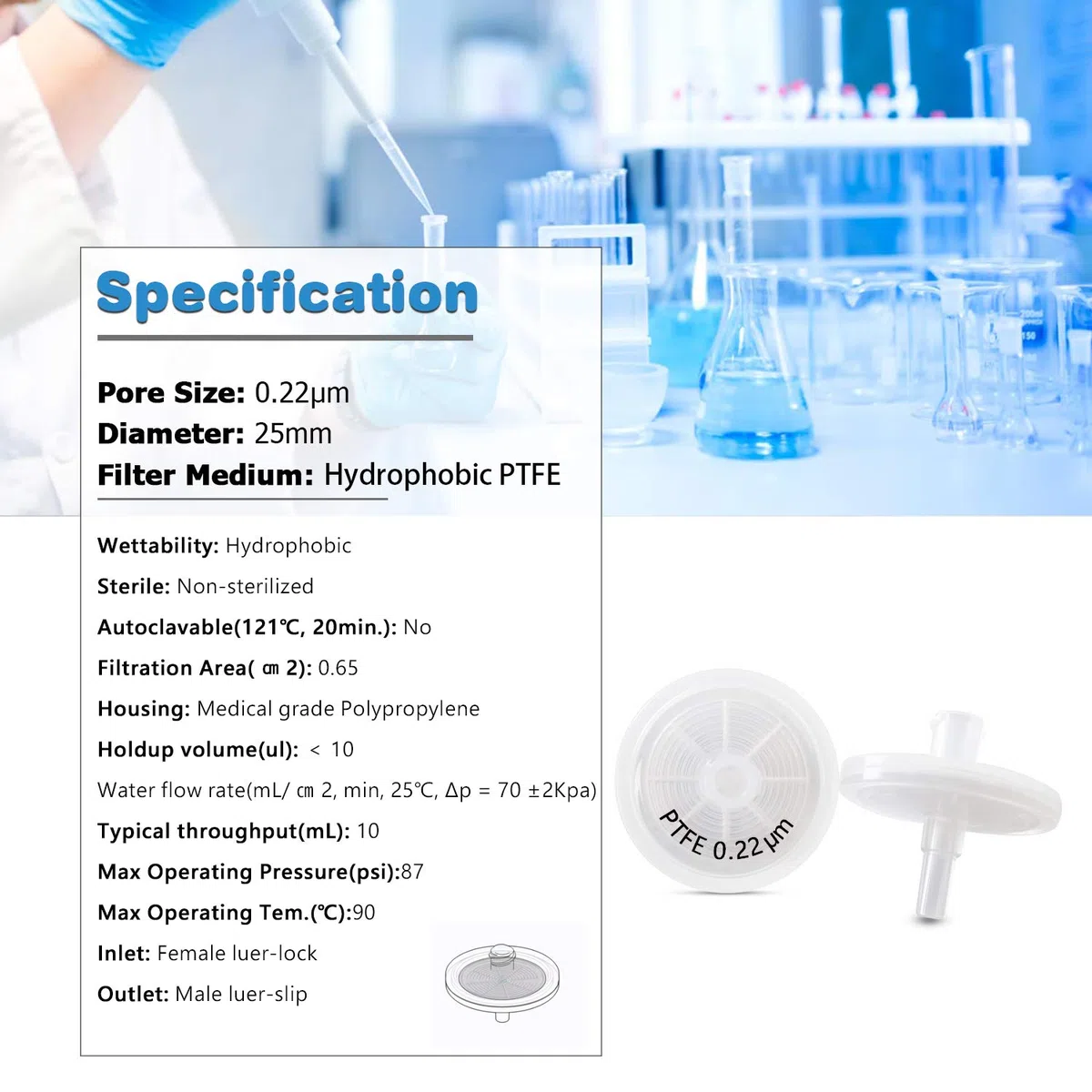 Biotechnology Hydrophobe PTFE-Spritzenfilter, 25 mm Durchmesser, 0,22 μm, Porengröße für Laborfilter, 100 Stück
