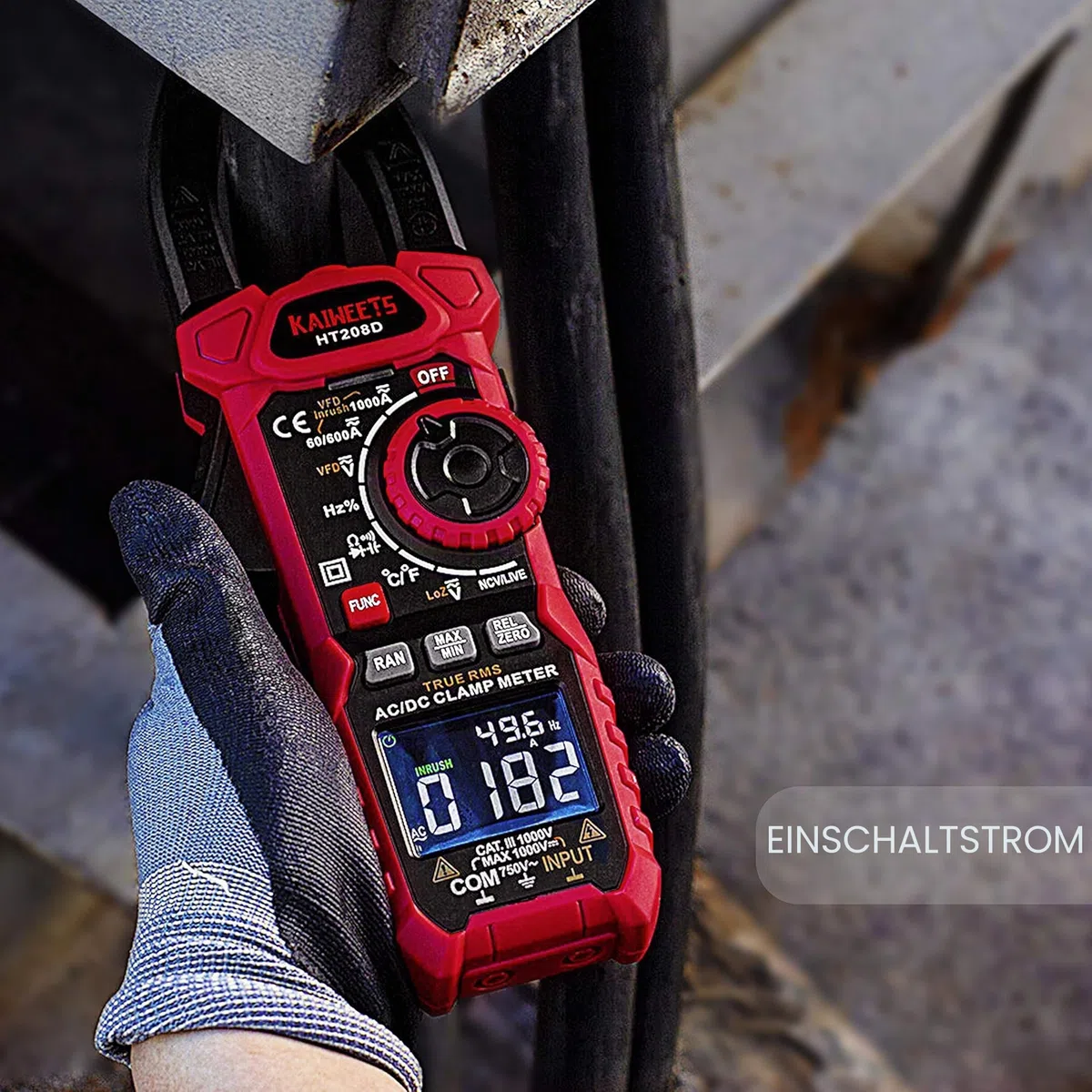 Einschaltstrom Stromzange 1000A True-RMS AC/DC-Zangenmultimeter, VFD, LOZ-Modus, 6000 Zähler, Misst Strom Spannung Temperatur Kapazität widerstand Dioden Kontinuität (HT208D)
