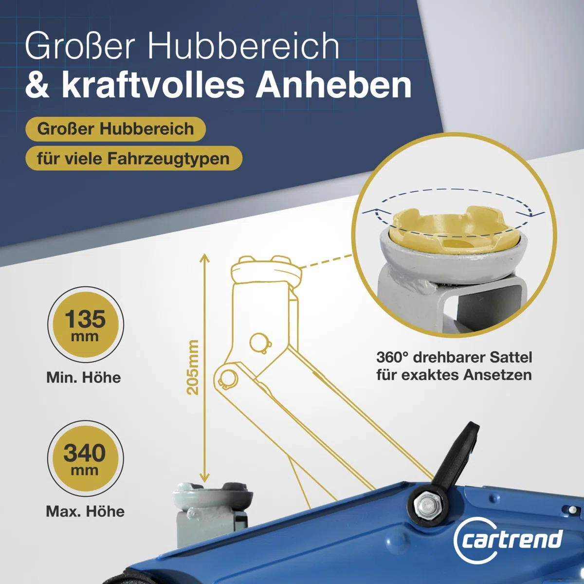 cartrend Hydraulischer Rangierwagenheber, Tragkraft bis 2t, 135-342 mm, Rangierheber für Auto und Kleintransporter, Wagenheber für Haus und Werkstatt, gefertigt aus Qualitätsstahl