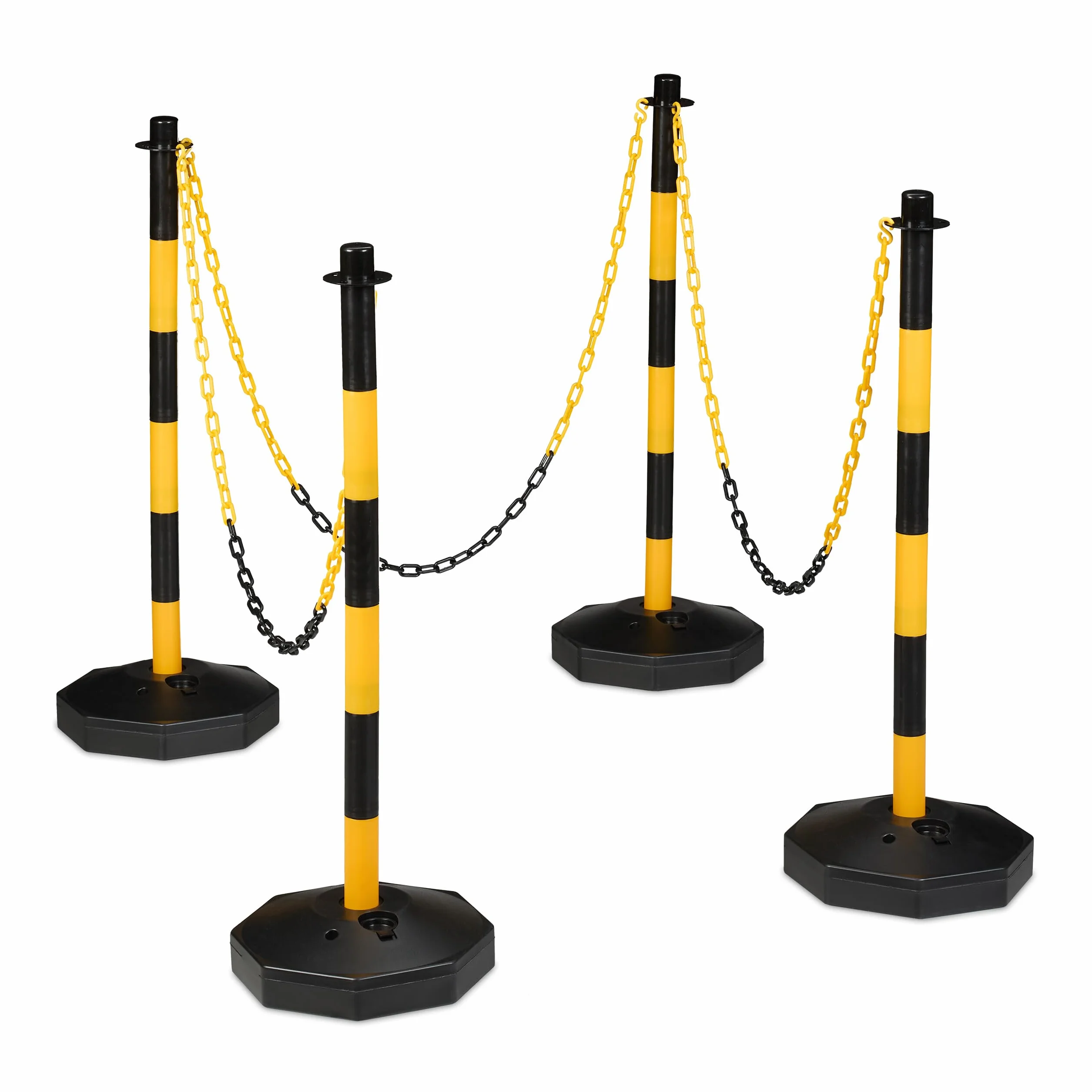 Relaxdays Absperrpfosten mit Kette 4er Set, Kettenpfosten mobil, HxD: 85 x 29 cm, Kettenständer Absperrung, gelb/schwarz