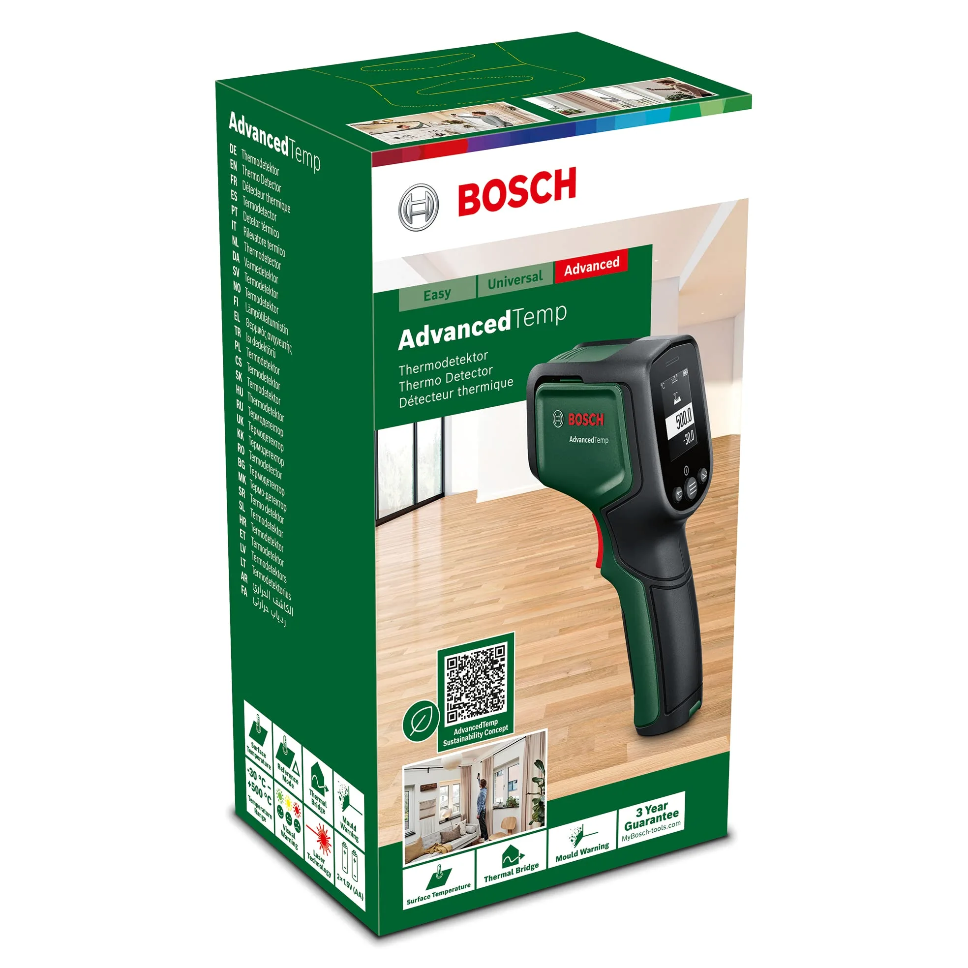 Bosch Infrarot Thermometer AdvancedTemp (-30°C bis +500°C, mit integrierter Schimmel- und Wärmebrücken-Erkennung, LED-Anzeige für einfache Interpretation, Gehäuse aus recyceltem Material, im Karton)