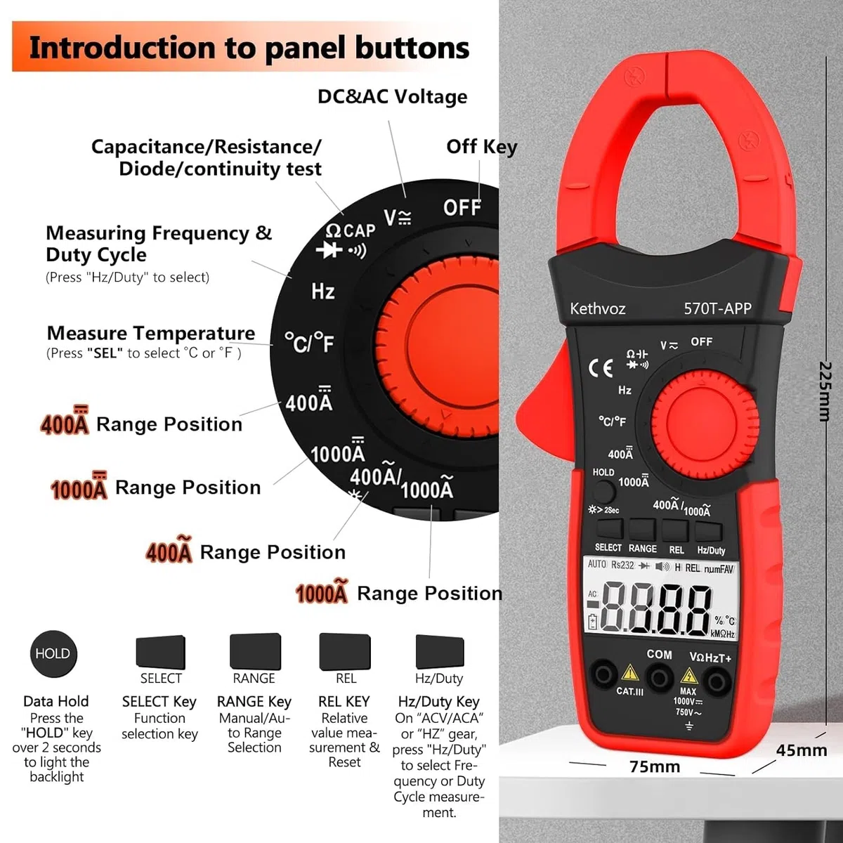 Strommesszange Bluetooth 4000 Counts Stromzange, Kethvoz Zangenmultimeter Strommessgerät mit Automatischem Messbereich für Widerstand Kapazität Durchgang Temperatur Diode Messen KE-570T-APP